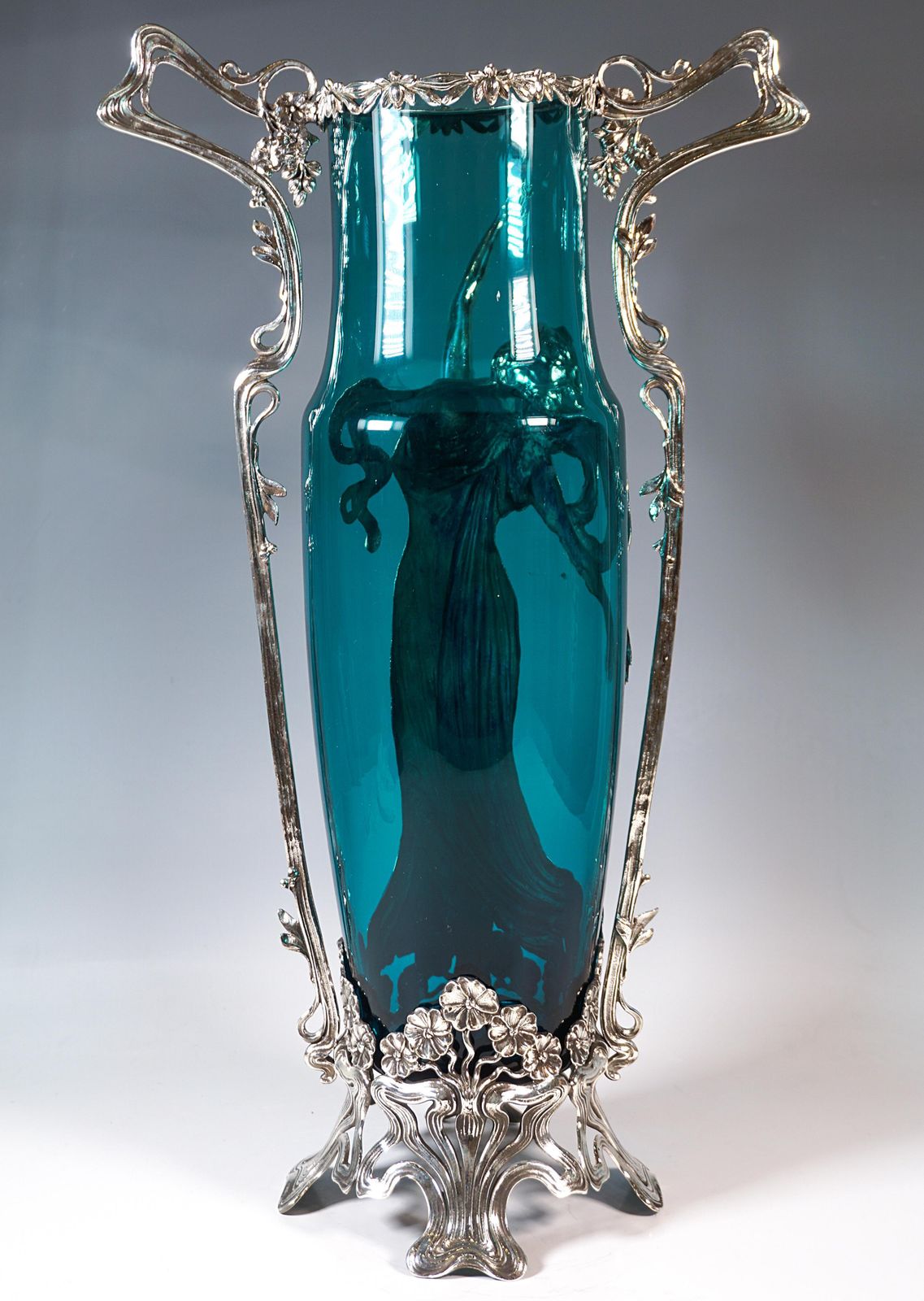 Large Art Nouveau Vase With Plasitc Figure & Original Glass, Wmf Germany Ca 1910 photo for sale