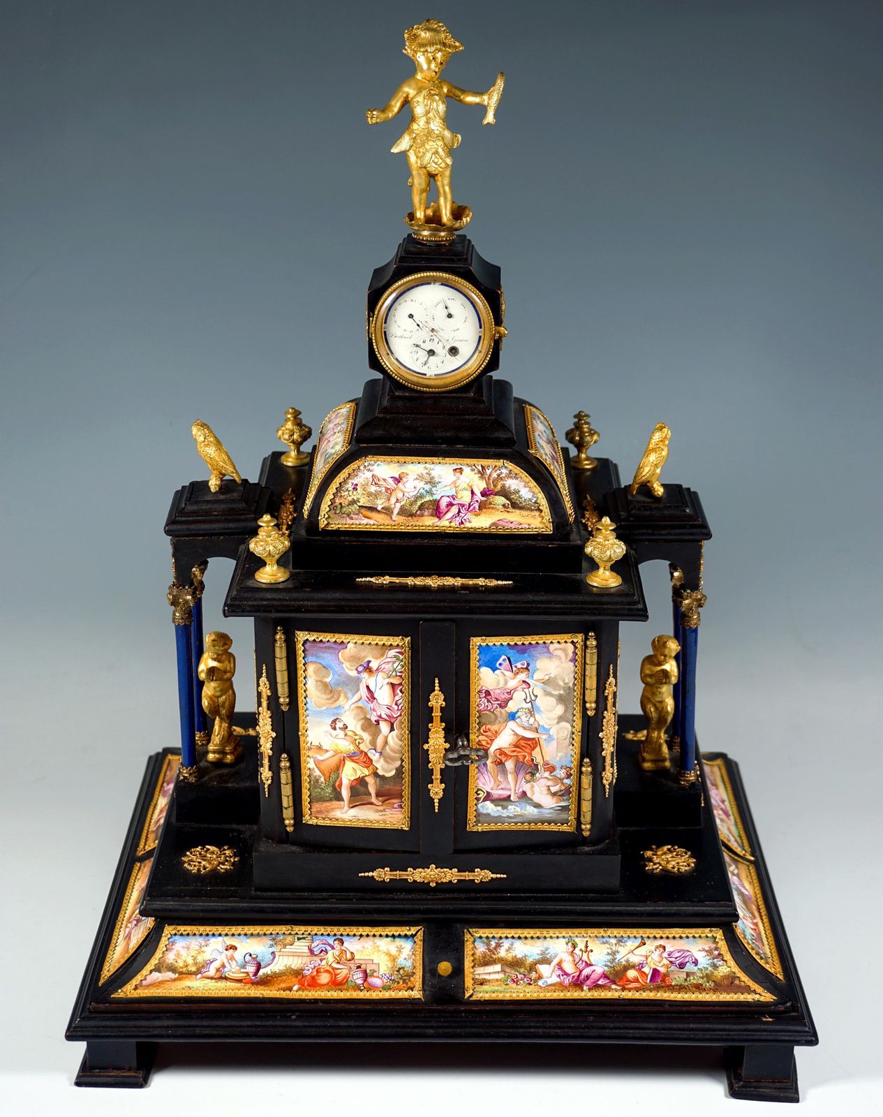 Noble Viennese Jewel Case With Enamel Paintings, Bronze Figures & Clock, Ca 1870 photo for sale