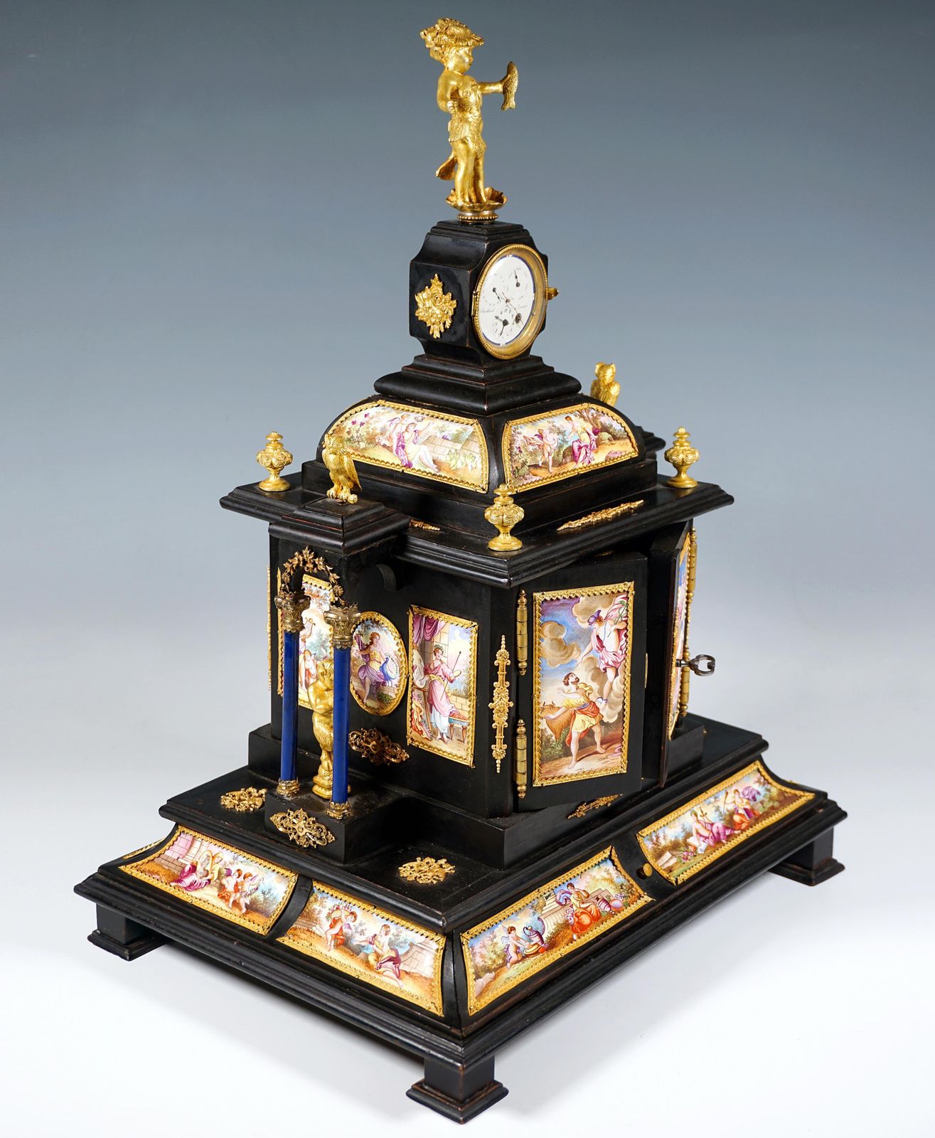 Noble Viennese Jewel Case With Enamel Paintings, Bronze Figures & Clock, Ca 1870 photo 19988.0