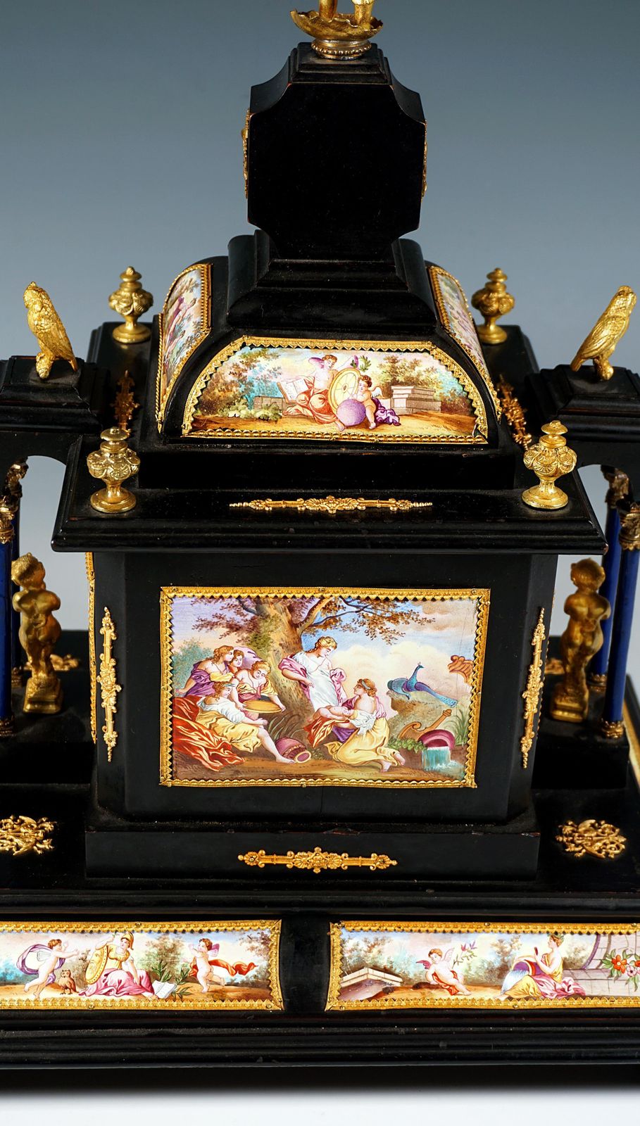 photo vinterior Noble Viennese Jewel Case With Enamel Paintings, Bronze Figures & Clock, Ca 1870