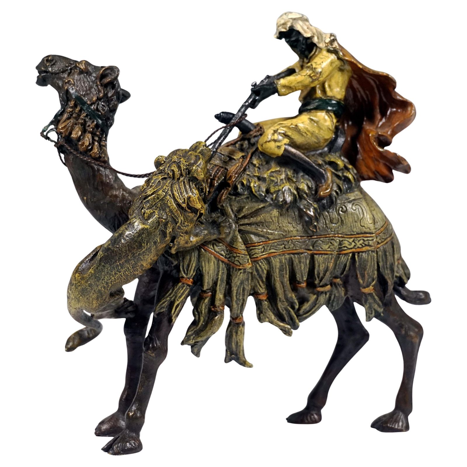 Arab On Camel Shooting A Lion, Viennese Bronze By Bergmann, Around 1900