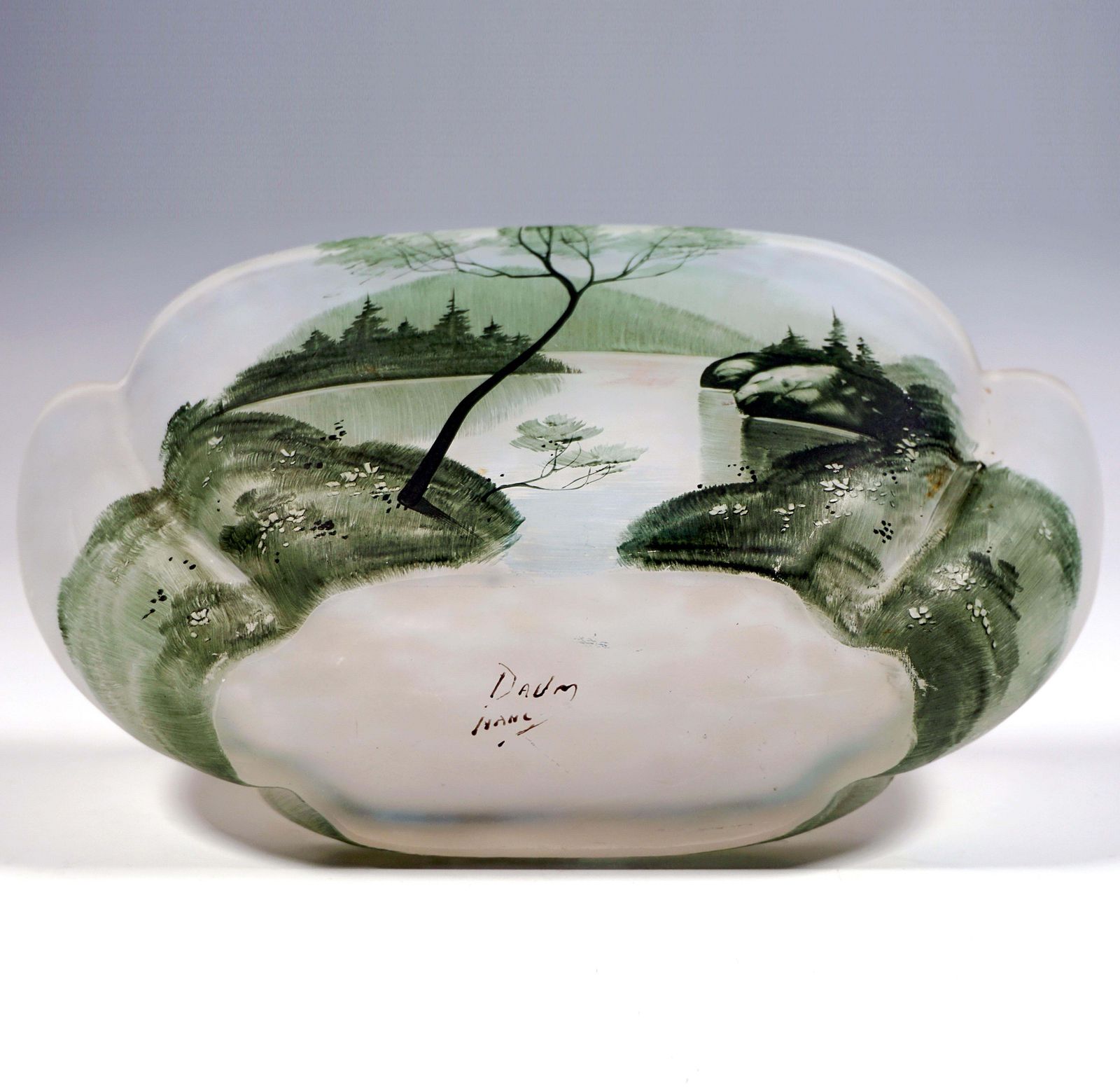 Art Nouveau Oval Glass Bowl With Painted Seescape, Daum Nancy, France, Ca 1900 photo vinterior