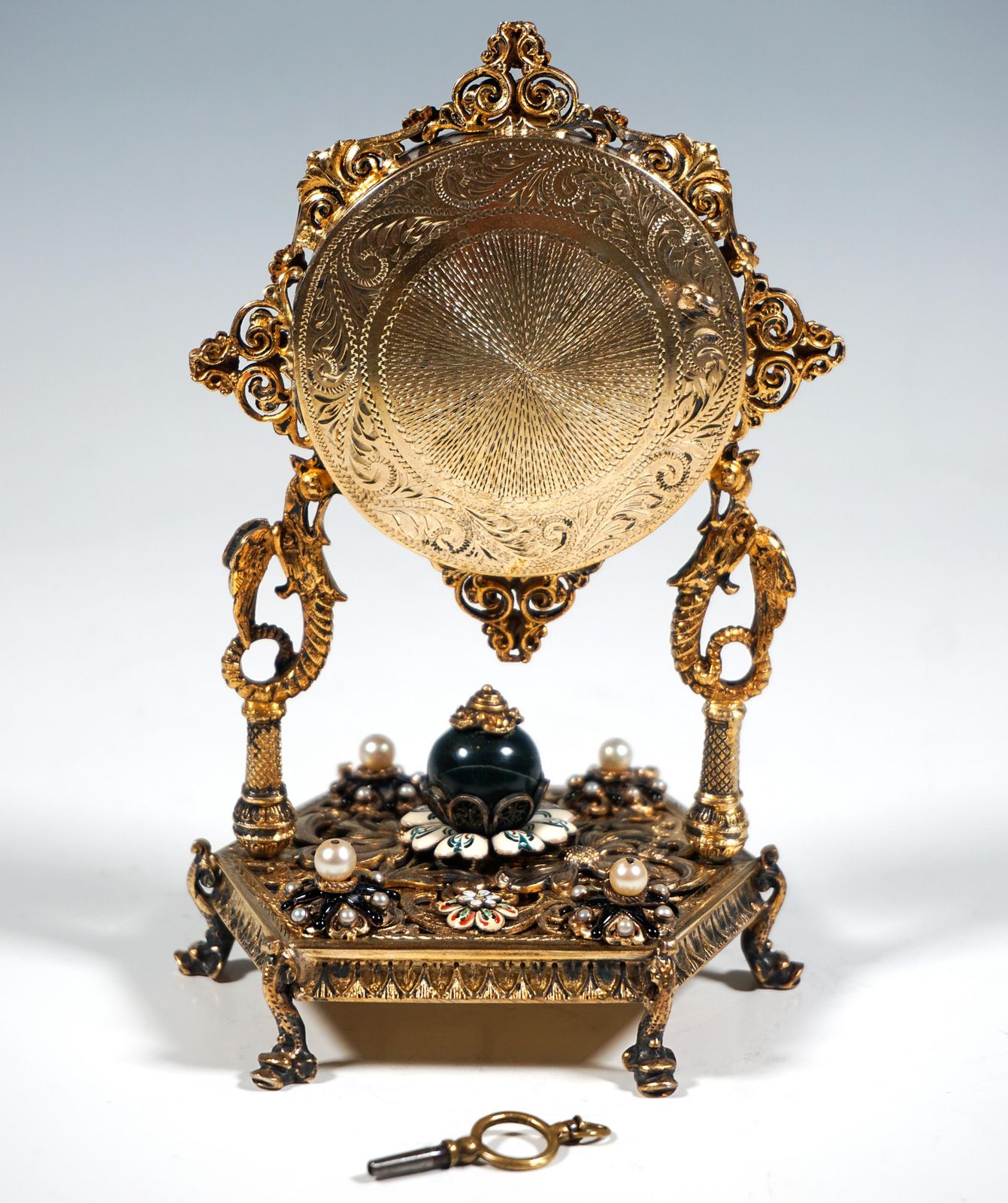 Viennese Silver Gilt Historicism Splendour Clock With Turquoises & Pearls, C1880 photo for sale