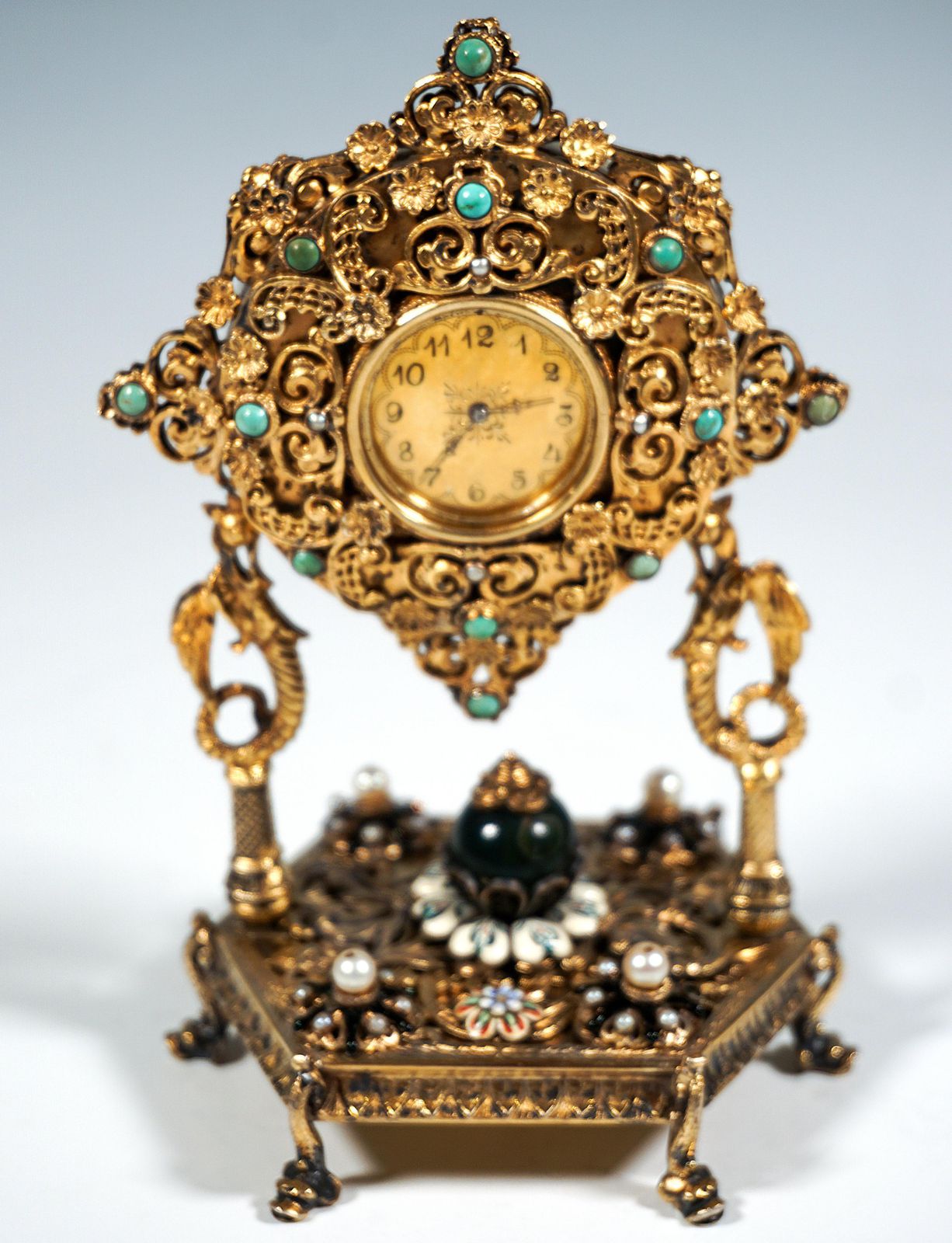 Viennese Silver Gilt Historicism Splendour Clock With Turquoises & Pearls, C1880 photo 2512.0