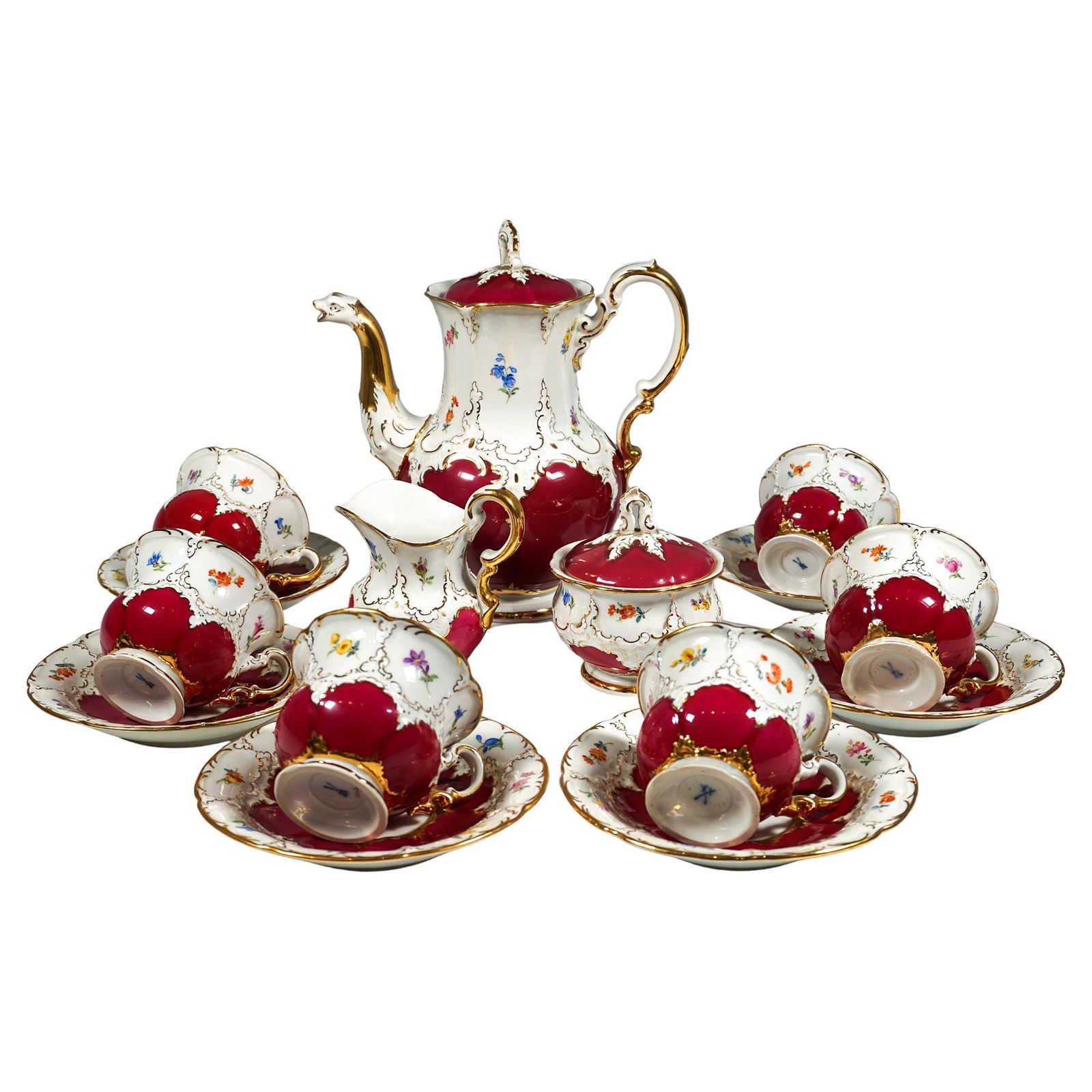 Meissen B Shape Coffee Set For 6 Persons With Purple, Flowers & Gold Decor, 20th