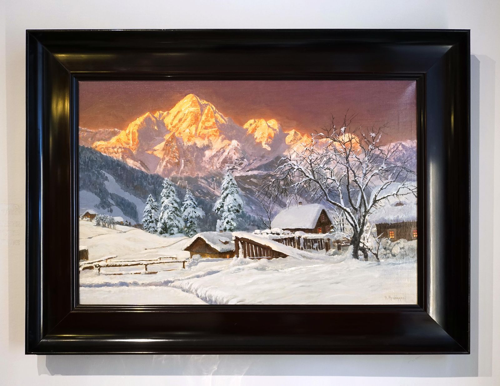 Large Oil Painting, Mountain Range At Dusk, By Alois Arnegger, Austria, Ca 1900 photo furniture
