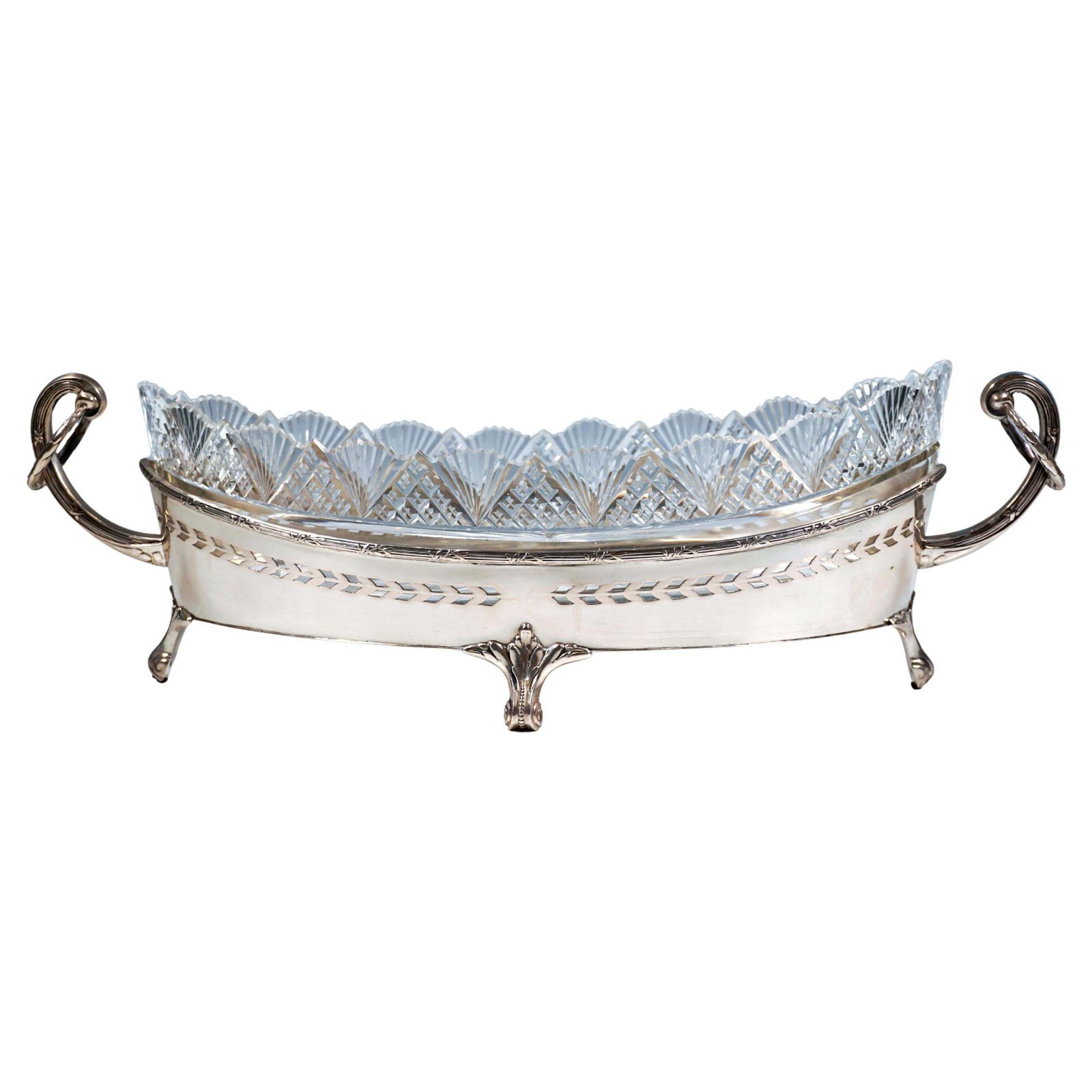 Art Nouveau Silver Navette Shaped Jardinière With Cut Glass Liner, Austria, 1905