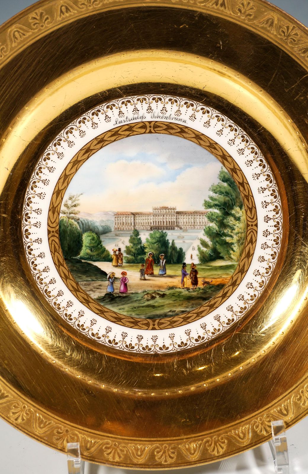 Viennese Imperial Porcelain Plate, 'Lustschloß Schönbrunn', Rich Gilding, 1813 photo furniture