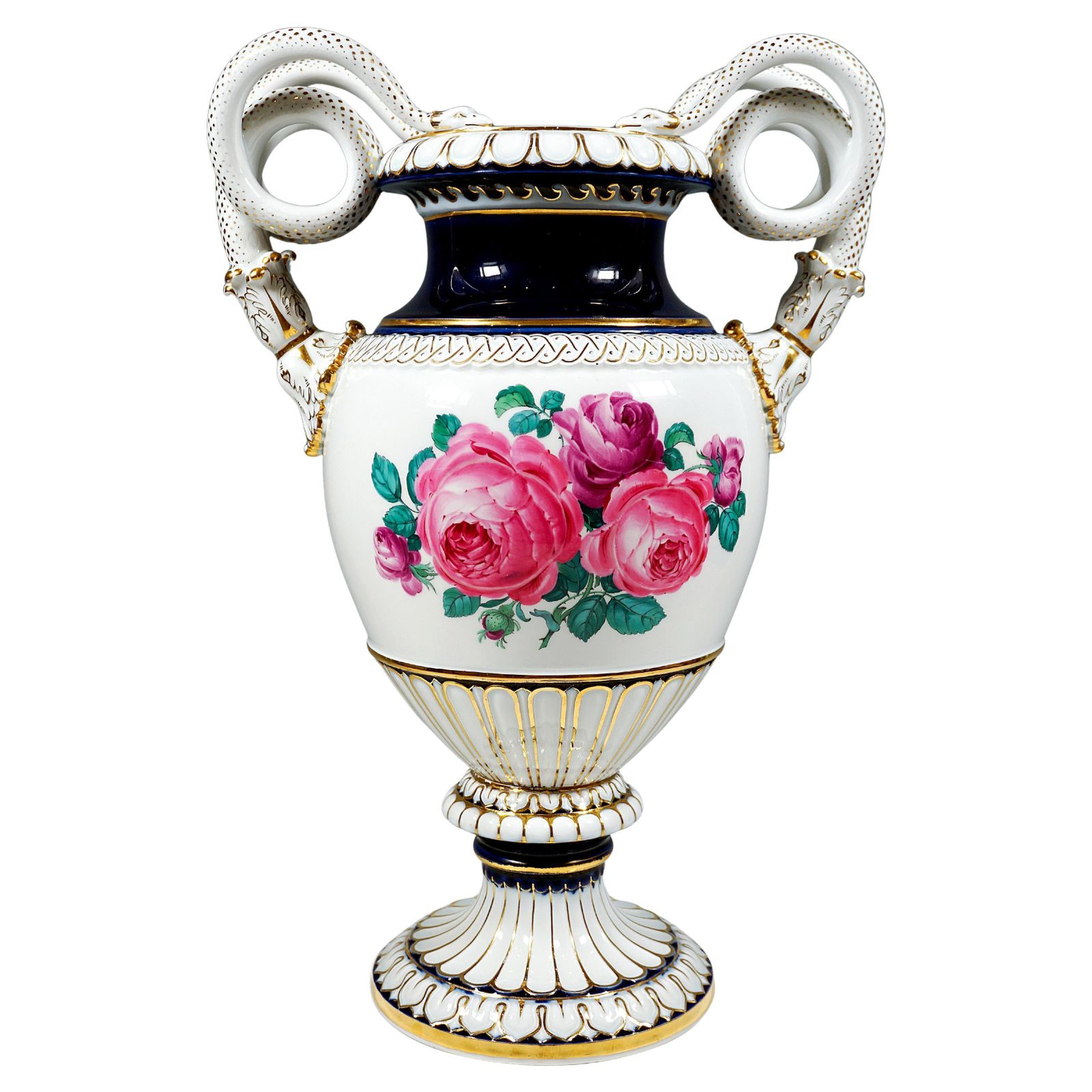Meissen Snake Handle Vase With Flower Boquet Painting, By Leuteritz, Ca 1880