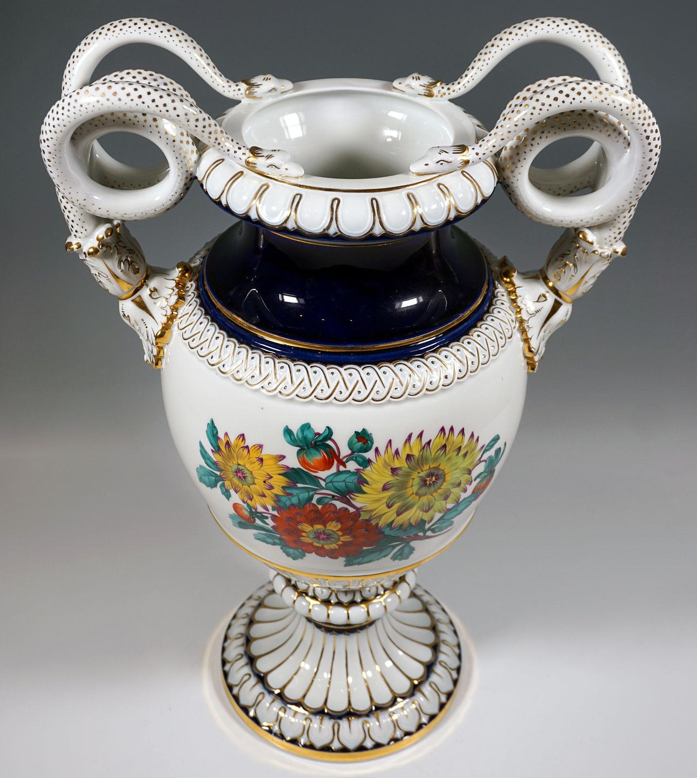 Meissen Snake Handle Vase With Flower Boquet Painting, By Leuteritz, Ca 1880 photo for sale