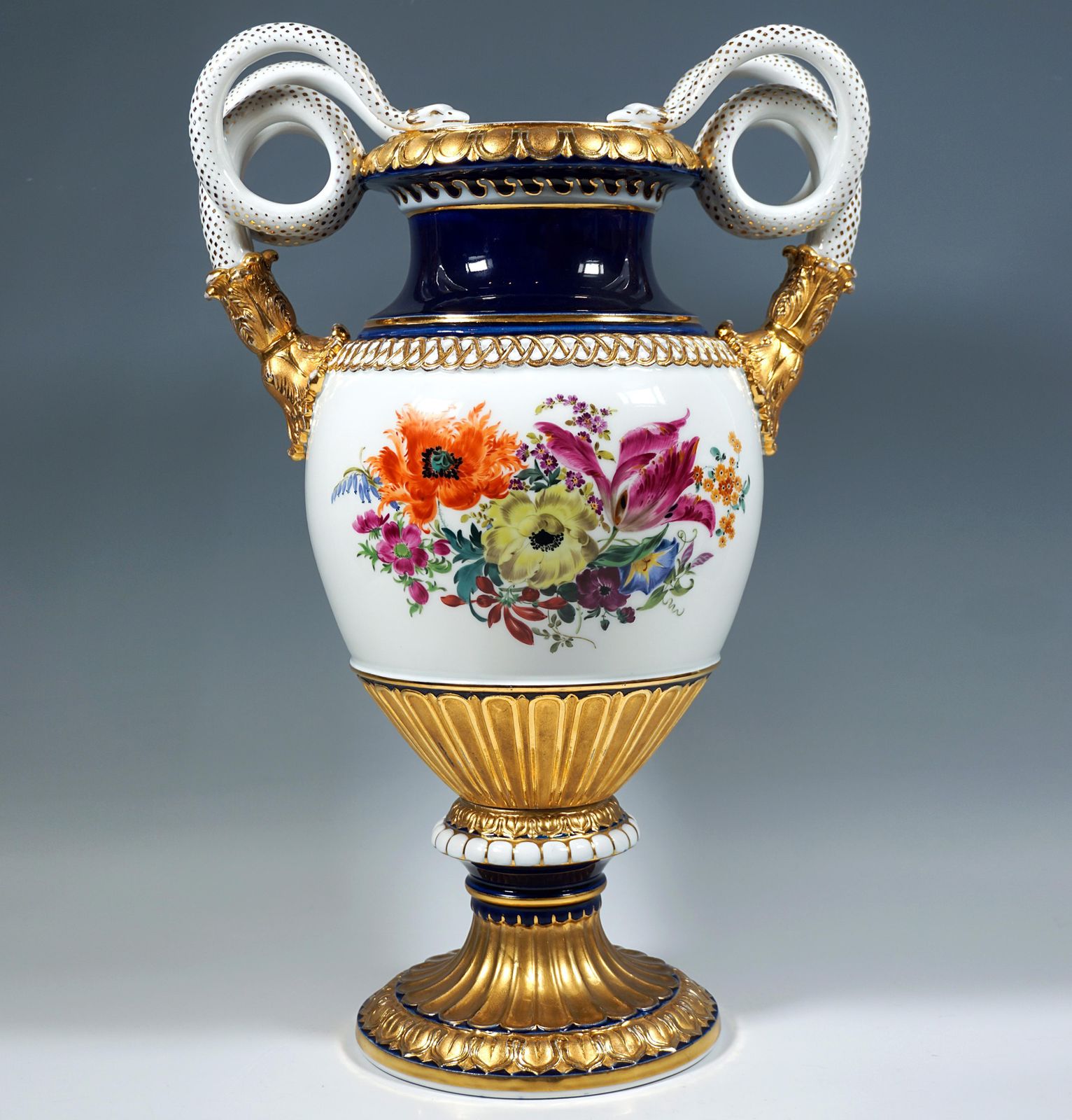 Meissen Snake Handle Vase With Flower Painting And Gilding, By Leuteritz, 20th photo for sale