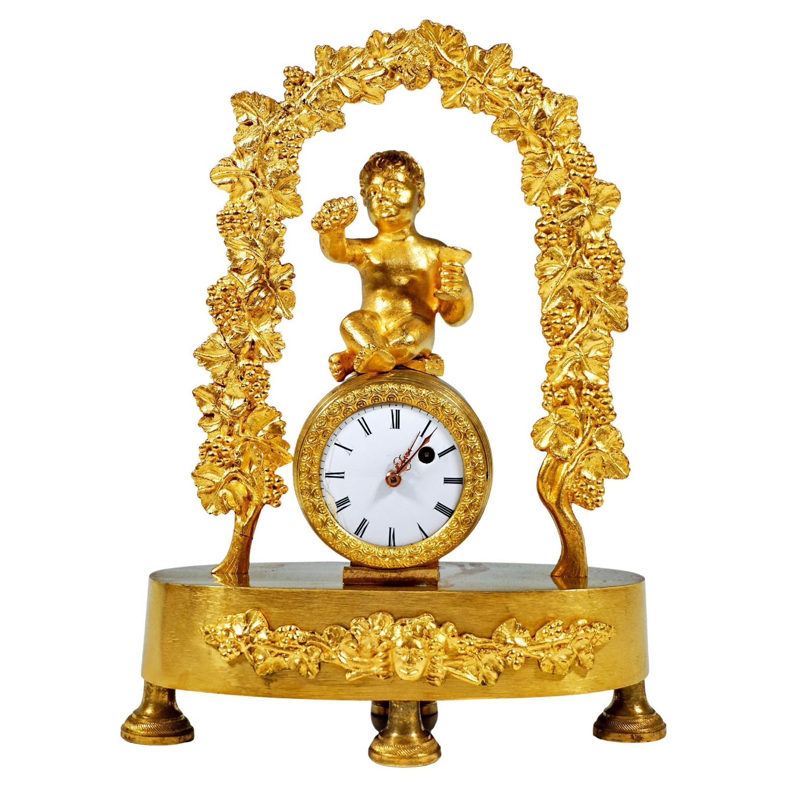 French Ormolu Table Clock, Bacchant Sitting On Wine Barrel, Paris, Around 1840