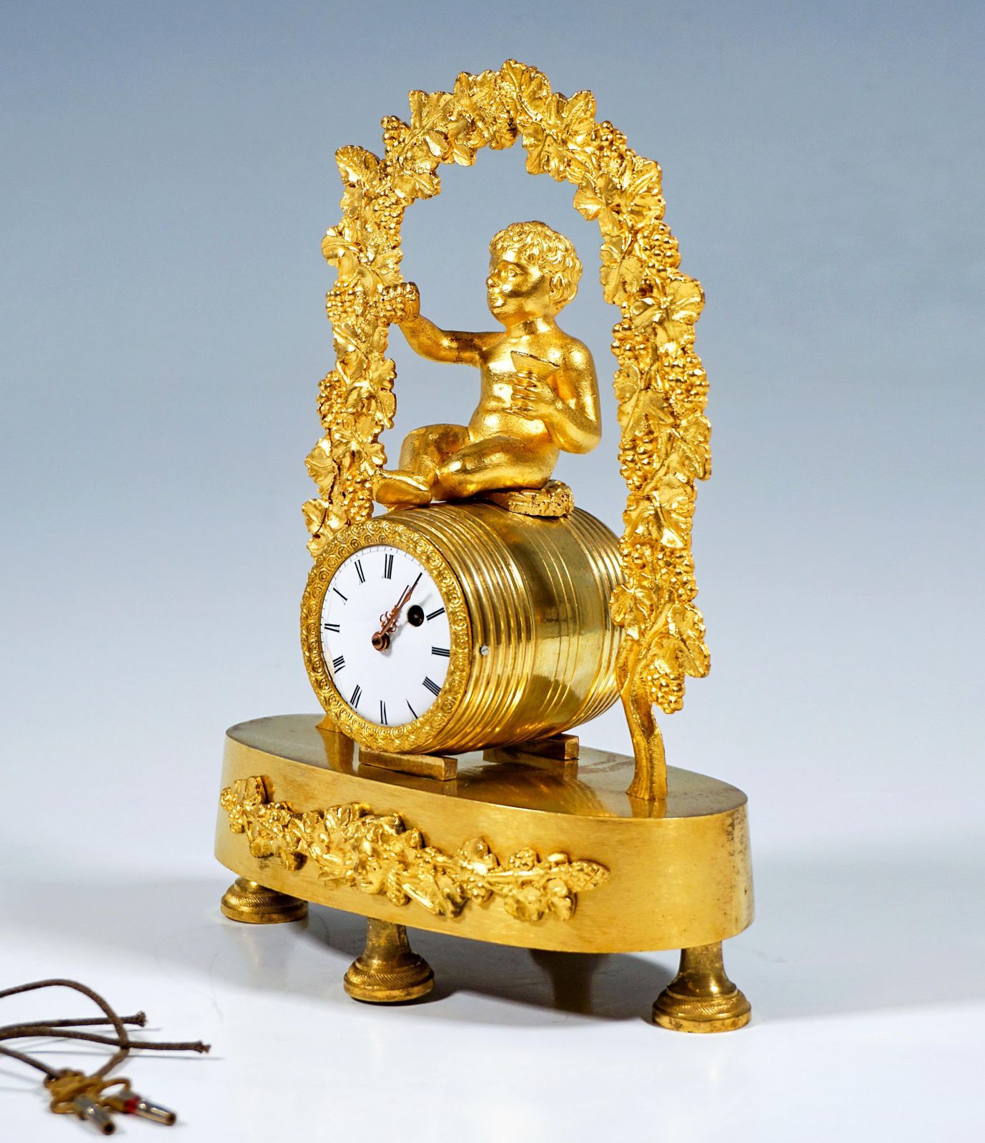 French Ormolu Table Clock, Bacchant Sitting On Wine Barrel, Paris, Around 1840 photo for sale