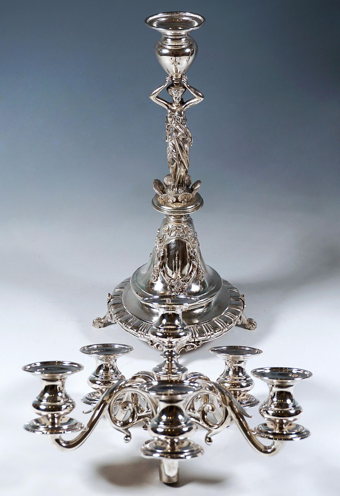 photo furniture Pair Of 6 Flame Art Nouveau Silver Candelabra With Caryatids, Vienna, Ca 1890