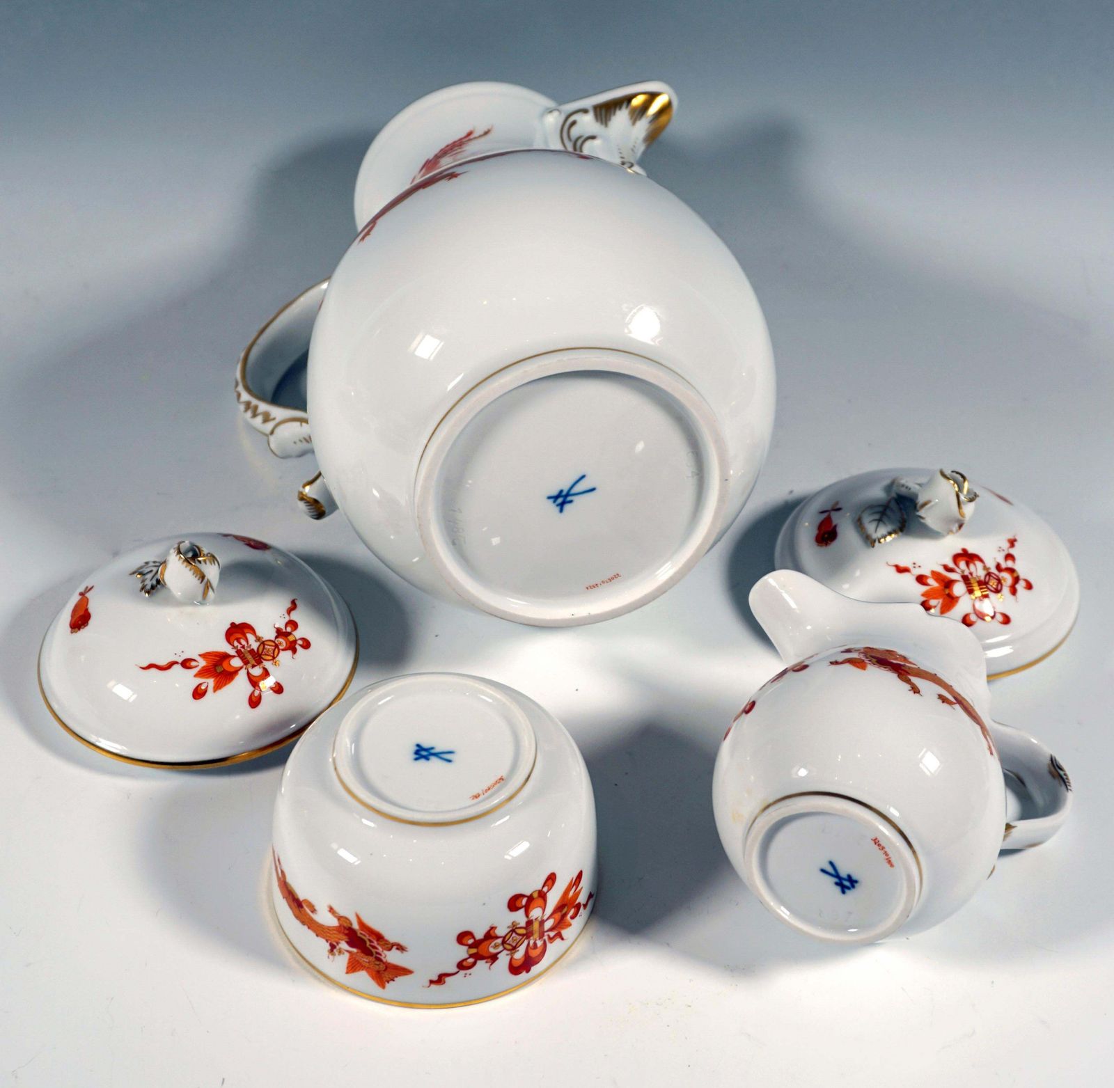 Meissen Coffee Set For 6 Persons Rich Dragon Red & Gold, 20th Century photo Home Decor