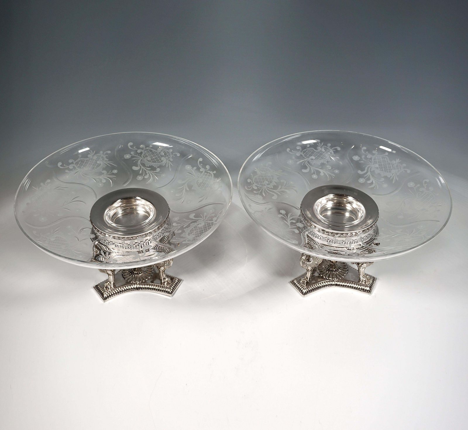Pair Of Silver Centerpieces With Glass Bowls, Bruckmann & Sons For Knewitz C1920 photo furniture