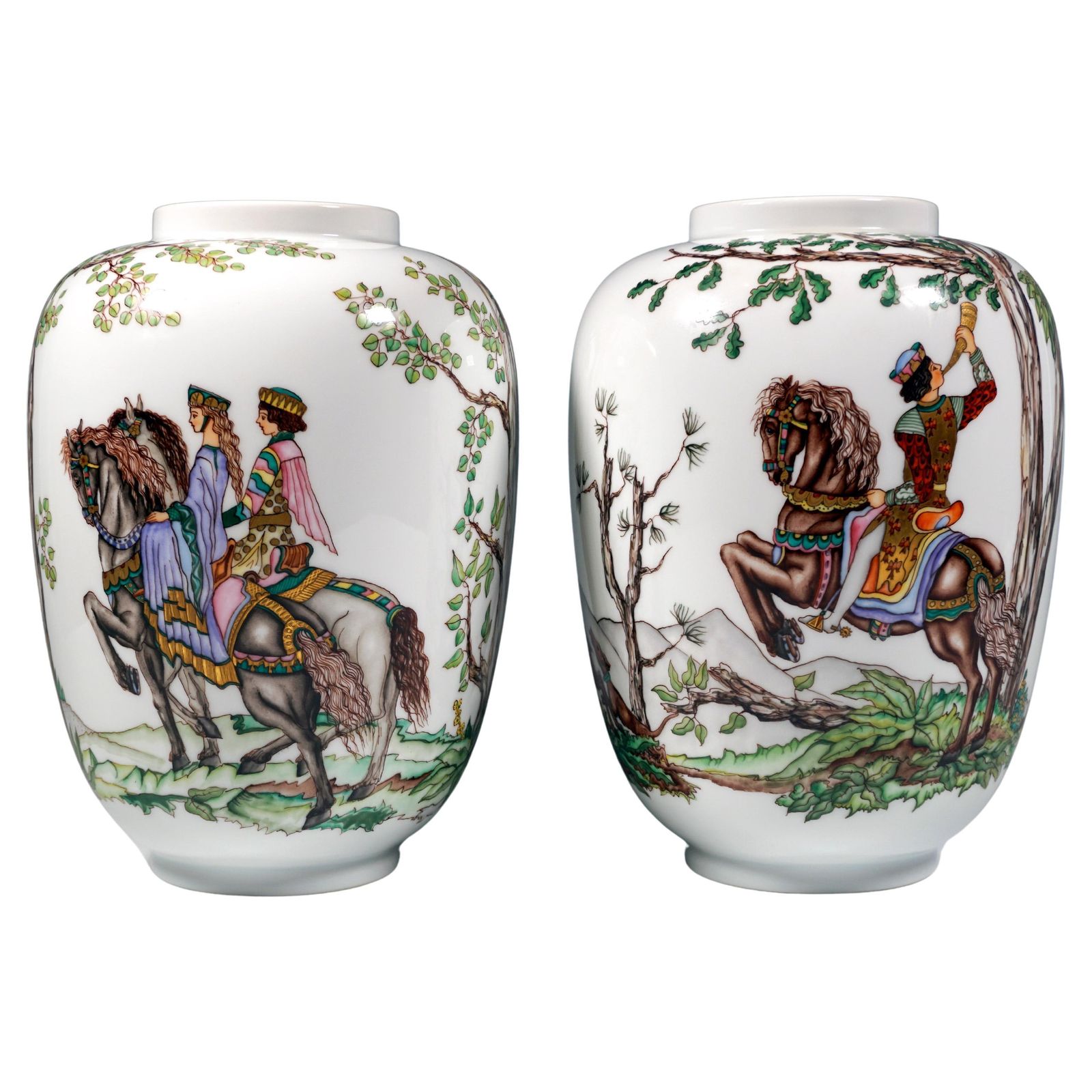 'Falcon Hunt' Pair Of Large Lampion Vases, By Augarten Vienna, Mid 20th