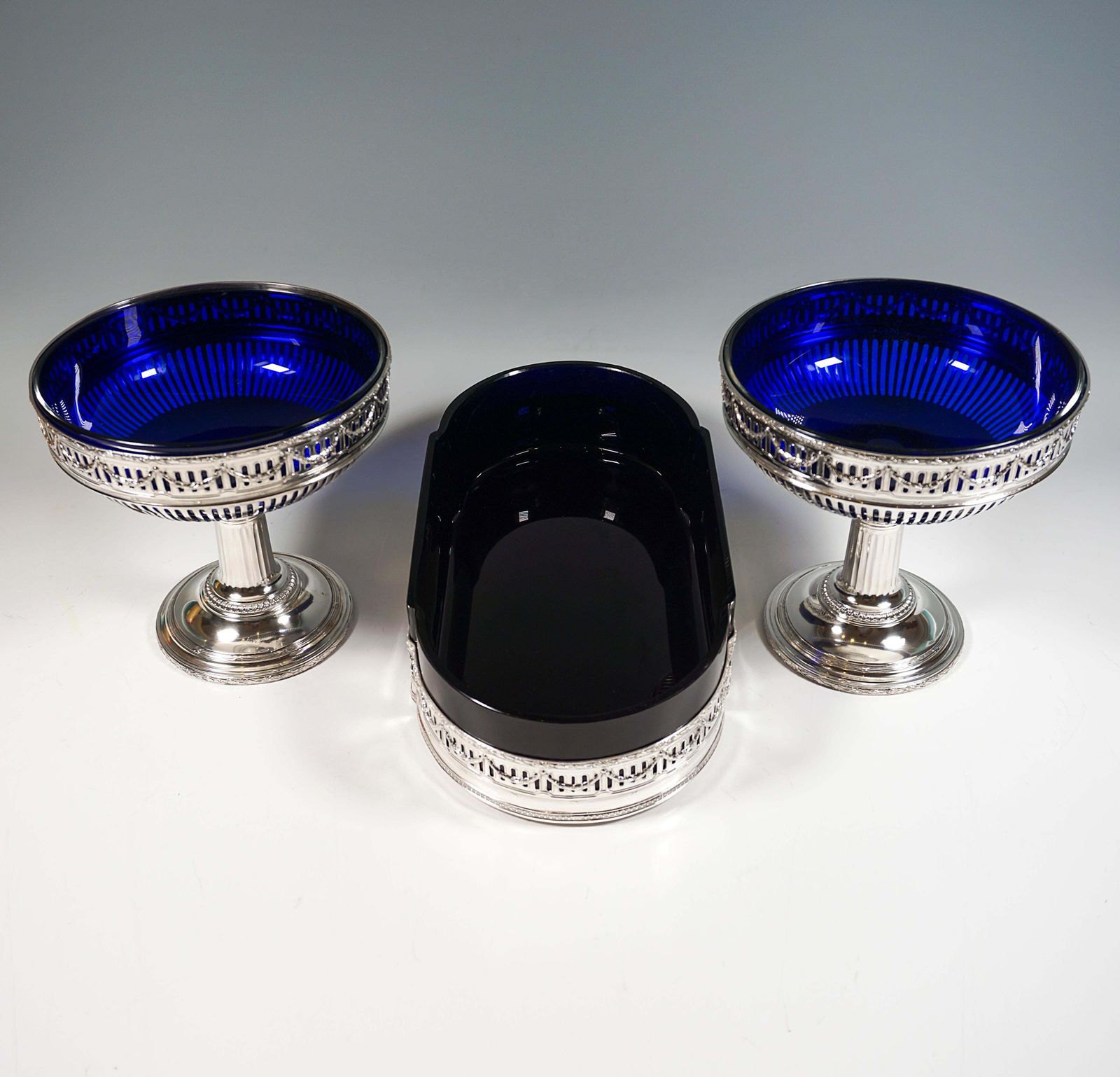3 Piece Silver Art Nouveau Centerpiece With Blue Glass Inserts, France Ca 1905 photo furniture