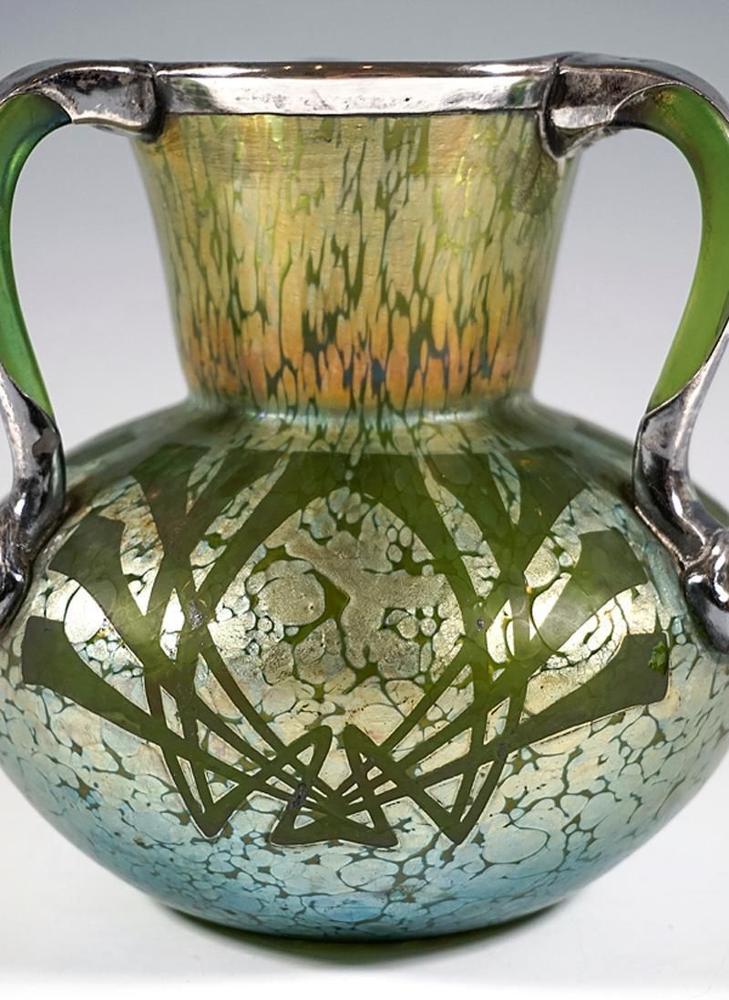 Loetz Art Nouveau 3 Handles Vase Decor Crete Papillon, Austria Hungary, Ca 1898 photo vinterior