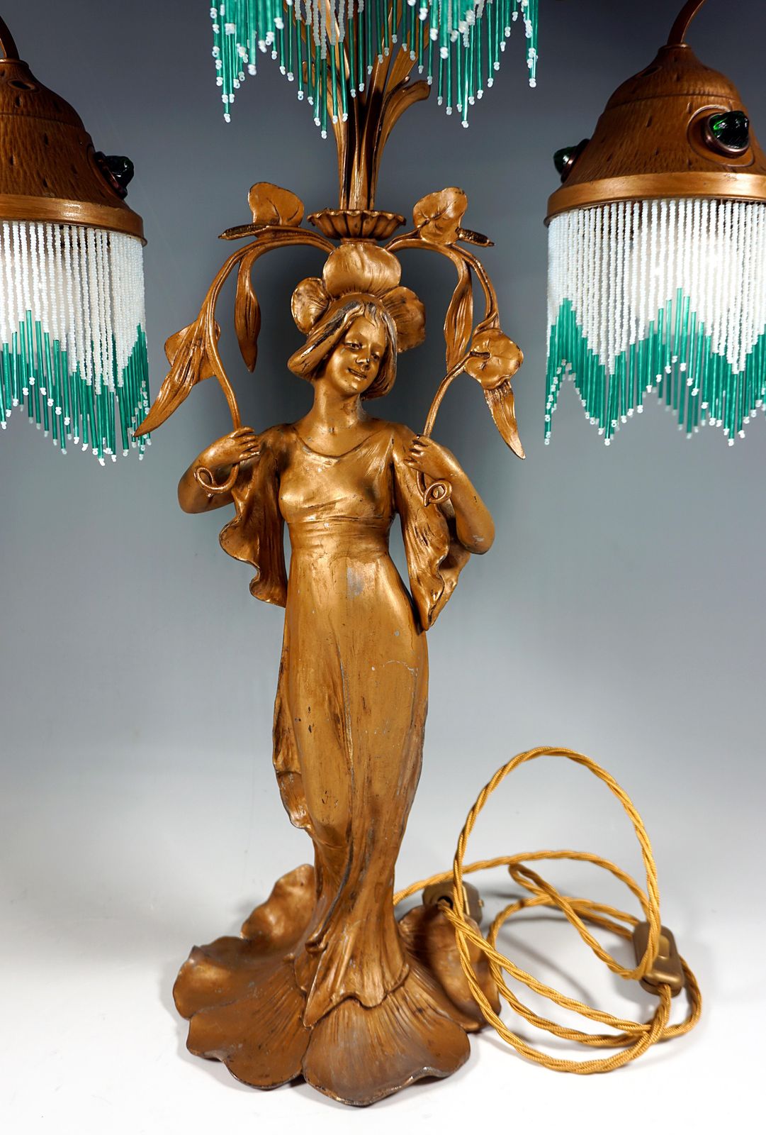 Tall Art Nouveau 3 Lights Table Lamp 'Flora', France, Around 1900 photo furniture