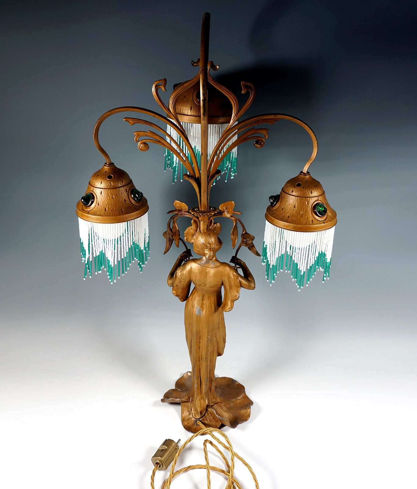 Tall Art Nouveau 3 Lights Table Lamp 'Flora', France, Around 1900 photo Lighting