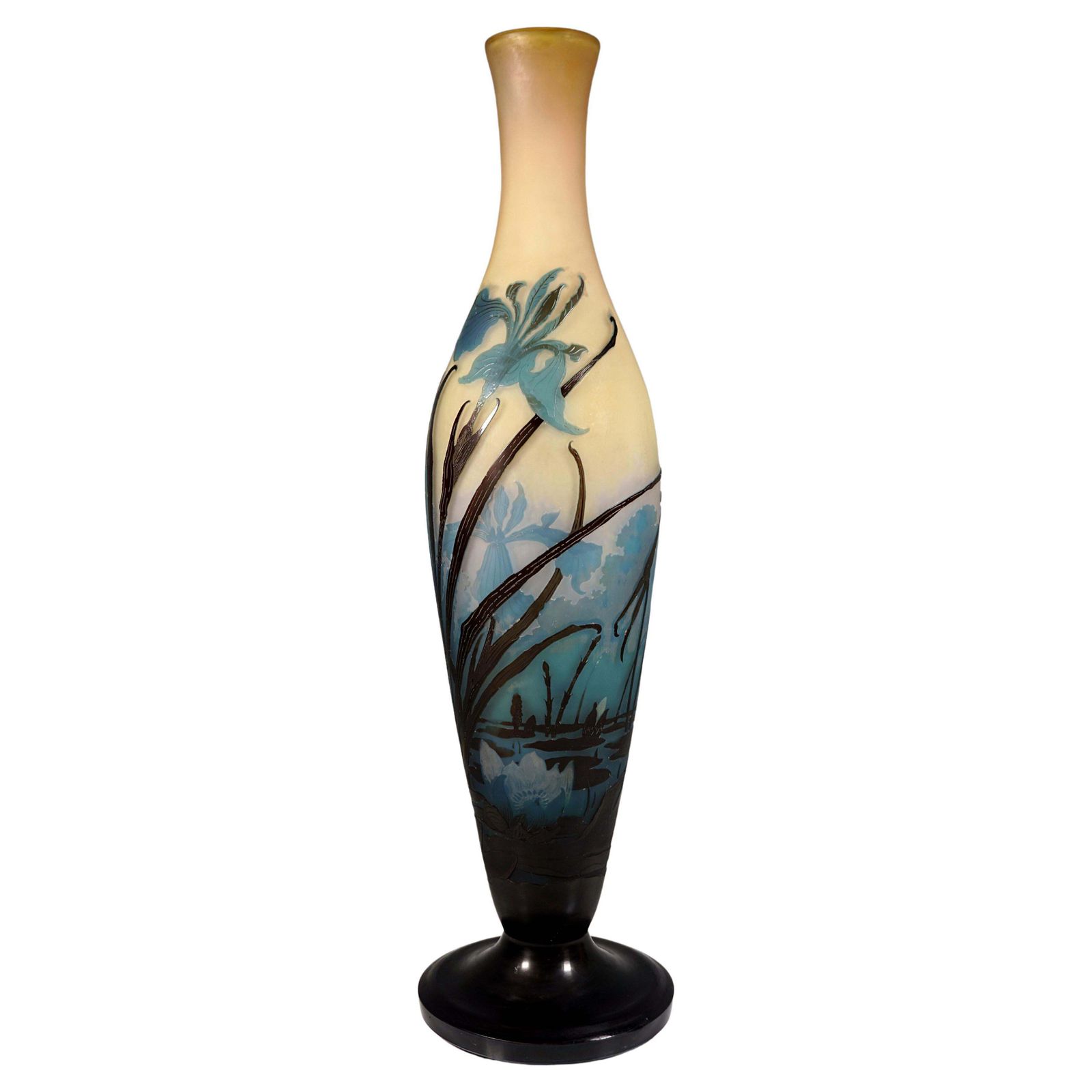 Large émile Gallé Art Nouveau Cameo Vase, Iris And Lily Pond, France, Ca. 1906