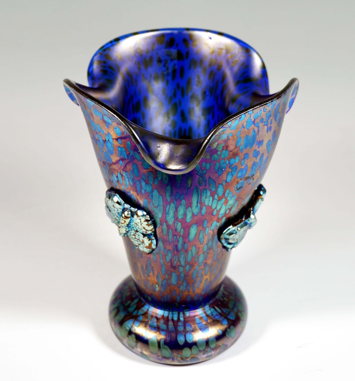 Loetz Art Nouveau Vase Cobalt Papillon With Applied Butterflies, Ca 1900 photo for sale