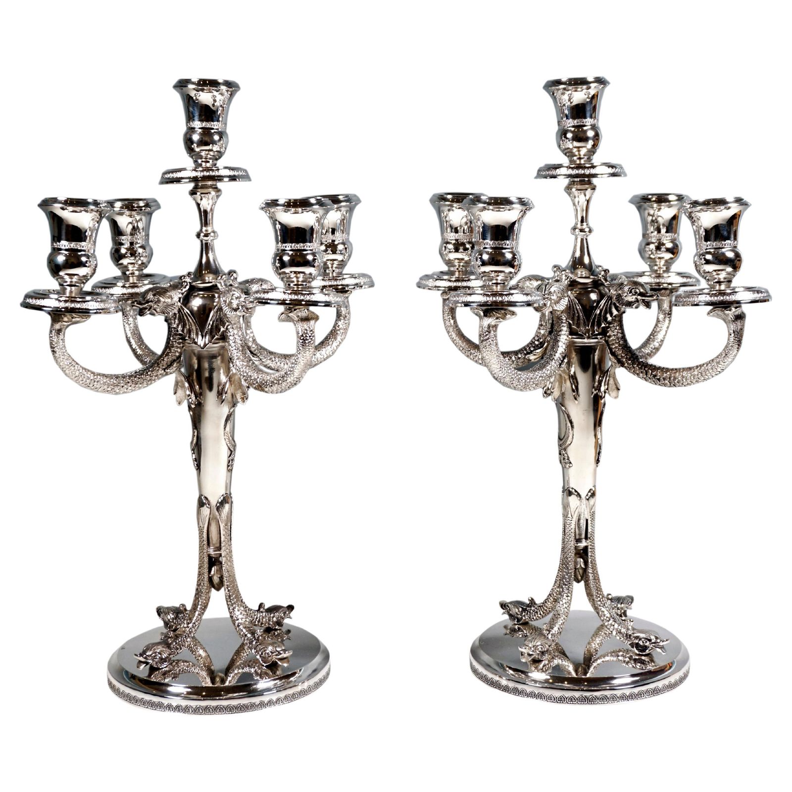 Pair Of 5 Flame Silver Candelabra With Dolphin Arms, Belgium Around 1950