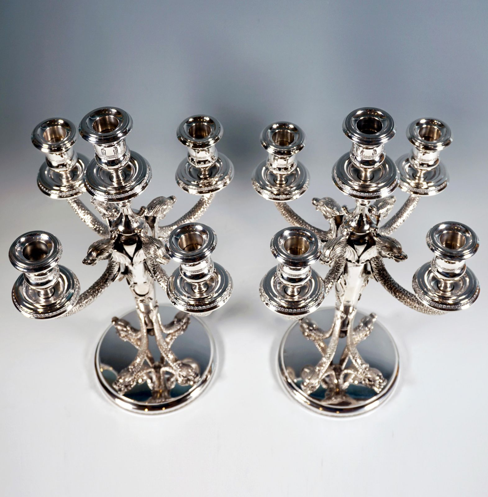 Pair Of 5 Flame Silver Candelabra With Dolphin Arms, Belgium Around 1950 photo for sale