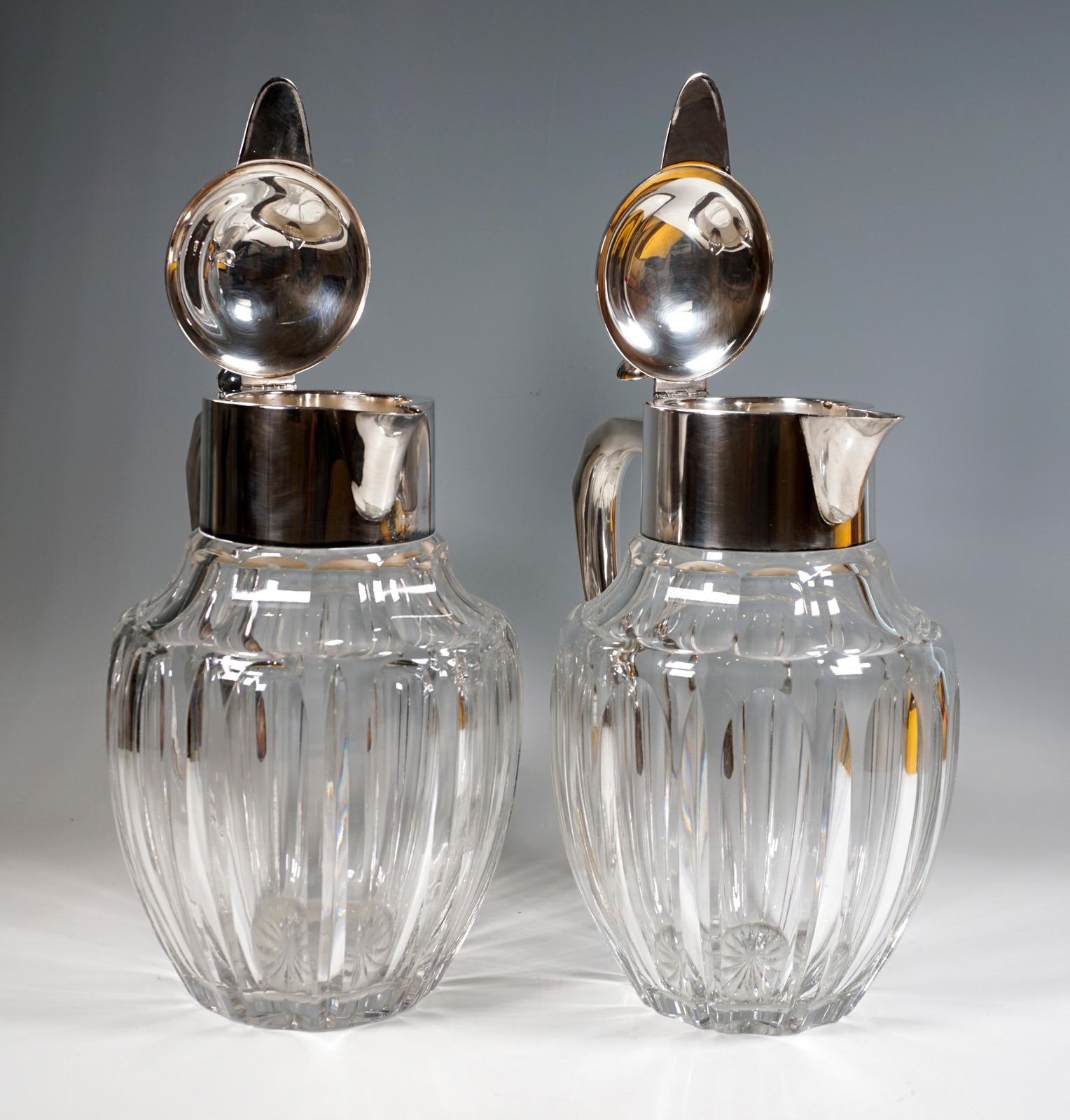 Pair Of Large Glass Carafes With Silver Mounts, Gebrüder Deyhle, Germany C. 1910 photo 2176.0