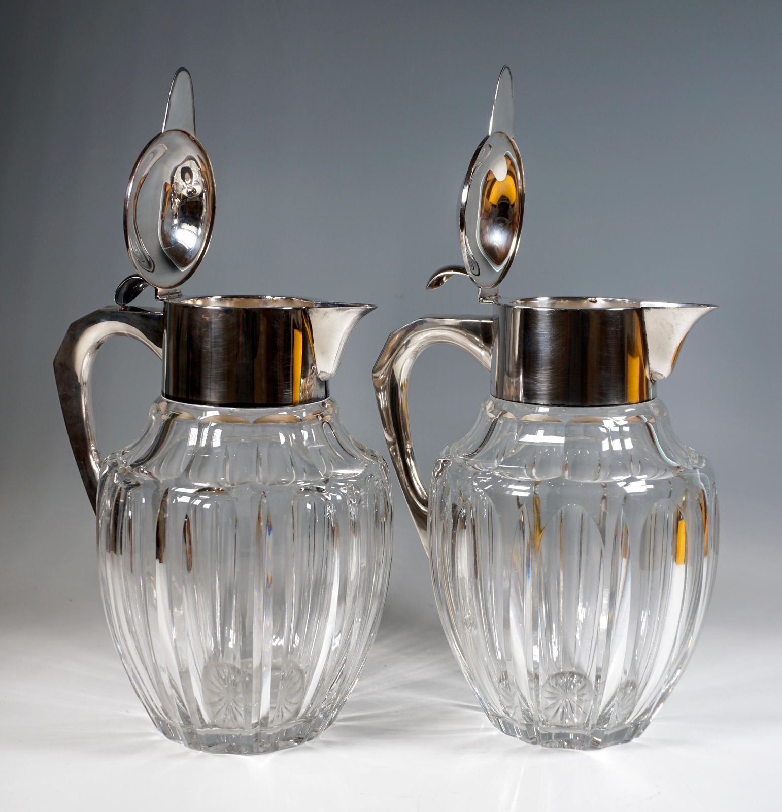 Pair Of Large Glass Carafes With Silver Mounts, Gebrüder Deyhle, Germany C. 1910 photo vinterior