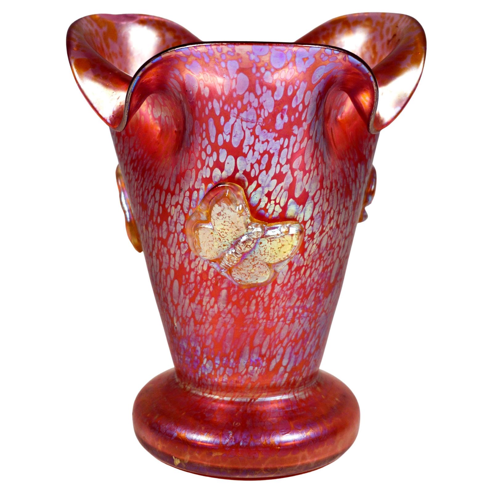 Loetz Art Nouveau Vase Camelia Red Papillon With Applied Butterflies, Ca 1900