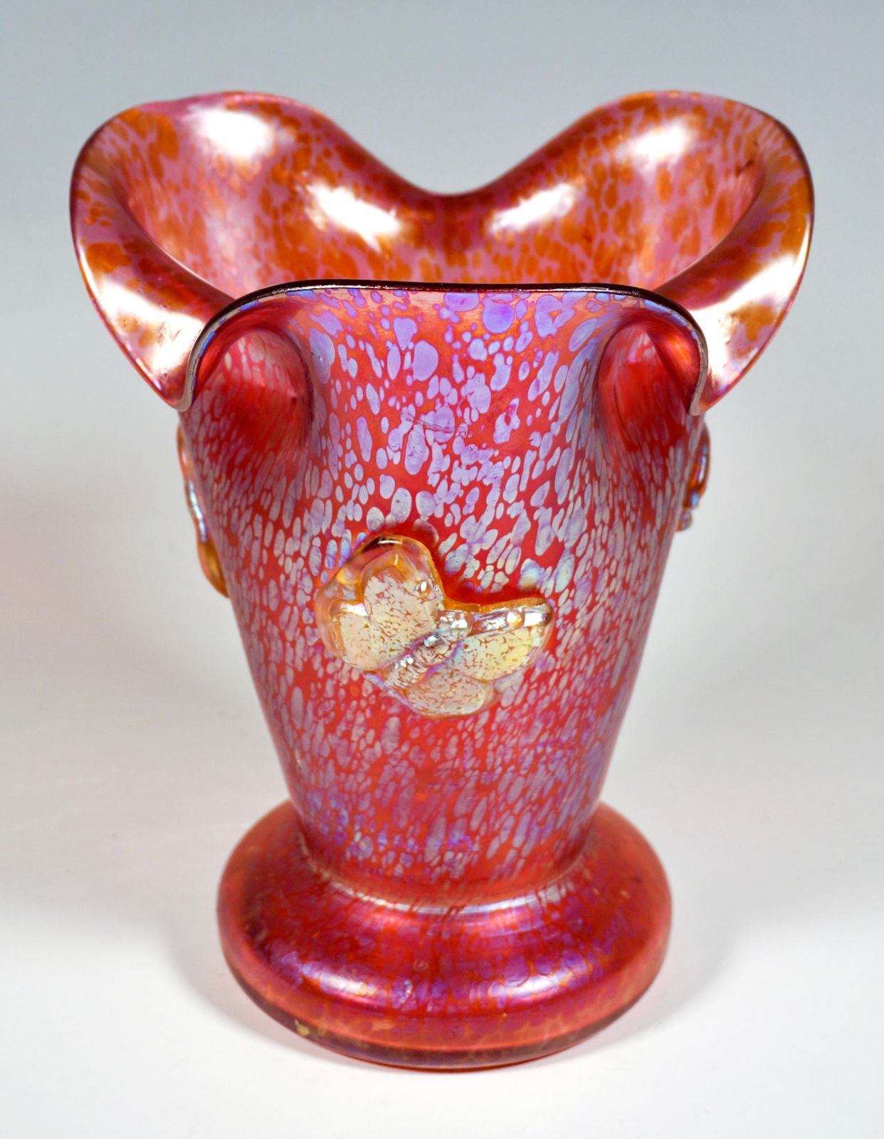 Loetz Art Nouveau Vase Camelia Red Papillon With Applied Butterflies, Ca 1900 photo 3730.0