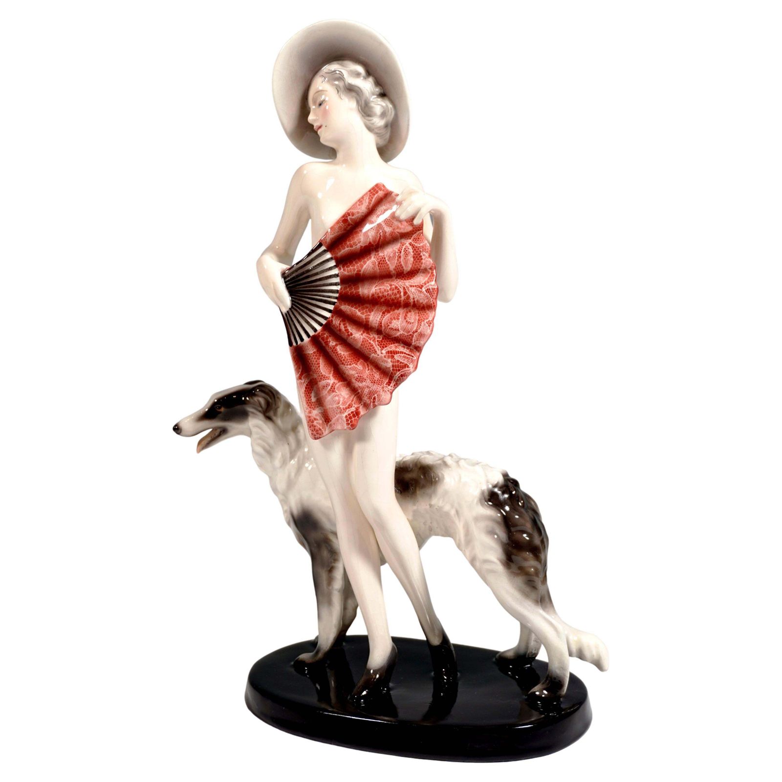 Goldscheider Vienna, Standing Nude With Large Fan, Hat & Barzoi, By Lorenzl 1937