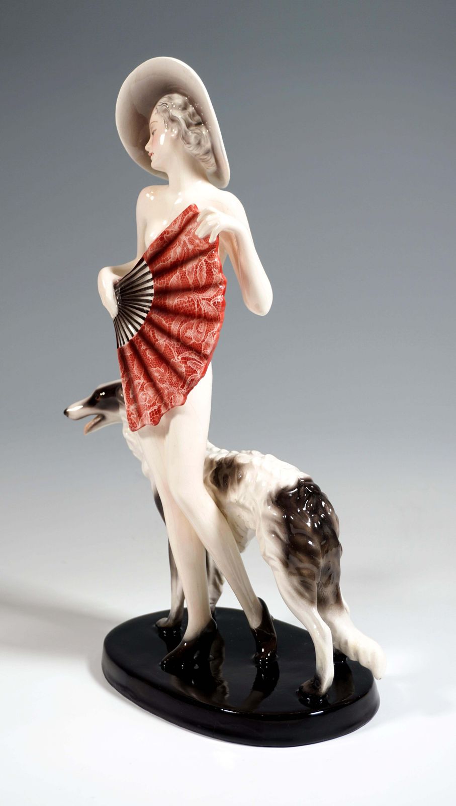 Goldscheider Vienna, Standing Nude With Large Fan, Hat & Barzoi, By Lorenzl 1937 photo Art