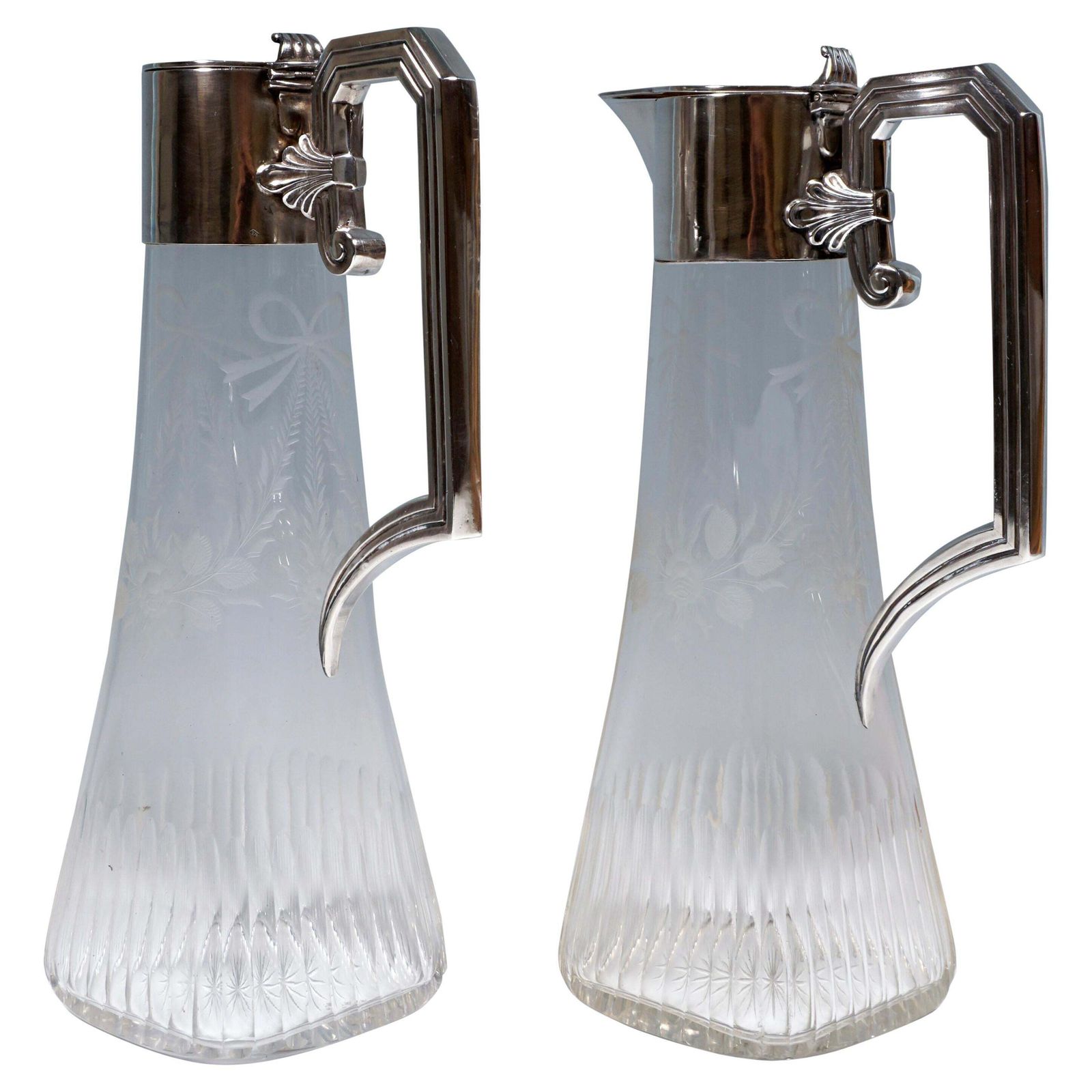 Pair Of Art Nouveau Glass Carafes With Silver Mounts, Gaston Bardiés Paris, 1900