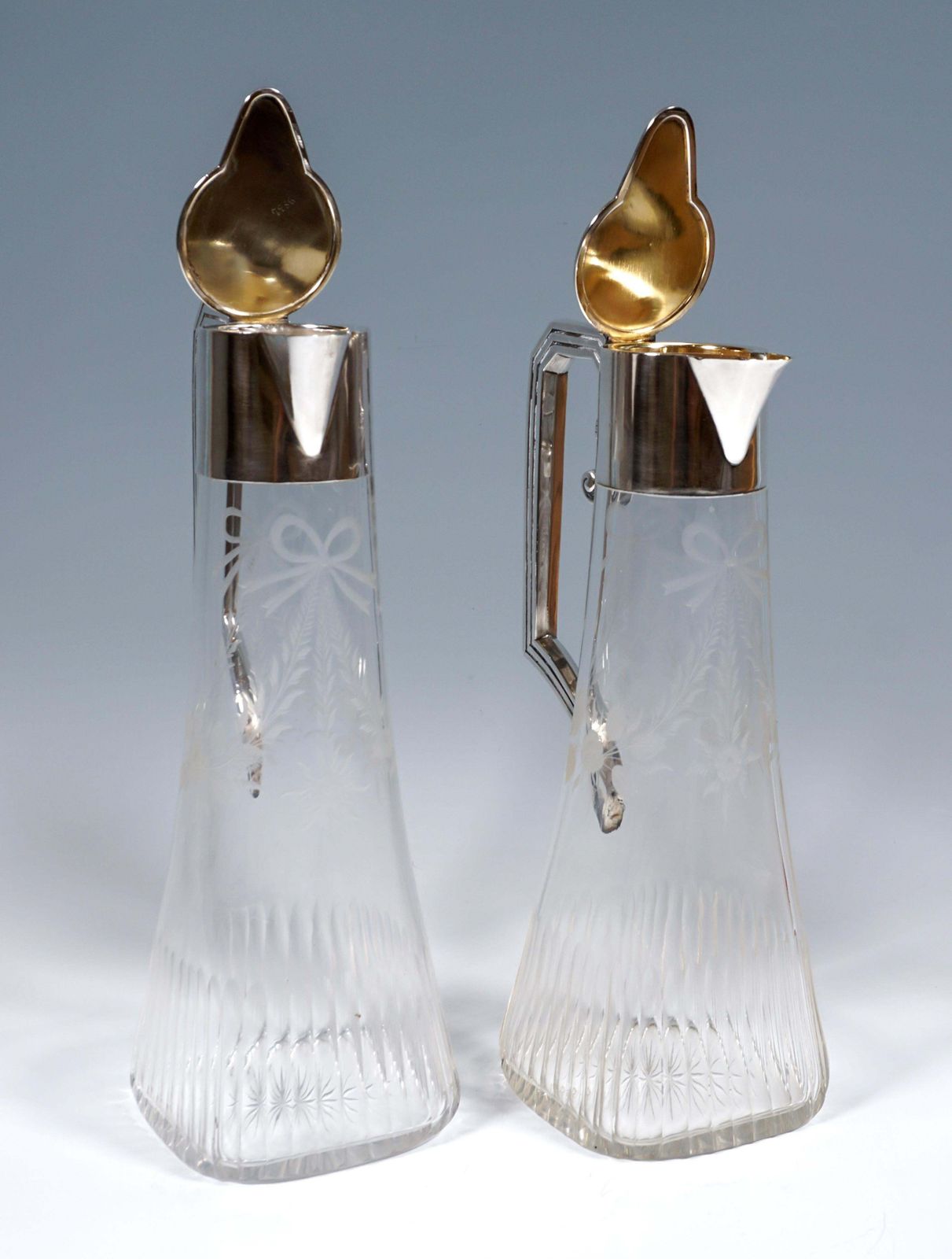 Pair Of Art Nouveau Glass Carafes With Silver Mounts, Gaston Bardiés Paris, 1900 photo for sale