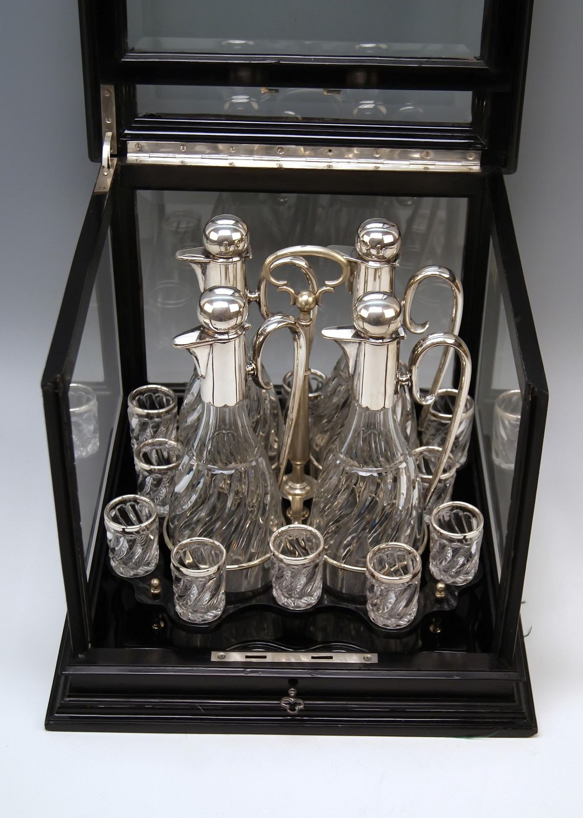 Silver Vienna Liqueur Set Decanters Glasses Sixteen Pieces Showcase Made 1905 photo furniture