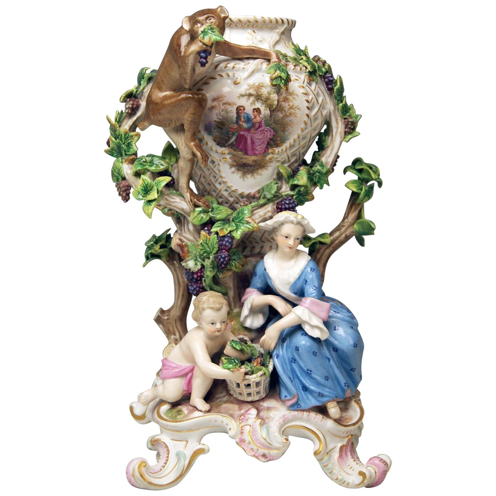 Meissen Potpourri Vase Wine Grapes Monkey Model 1002 By Eberlein Made Circa 1860