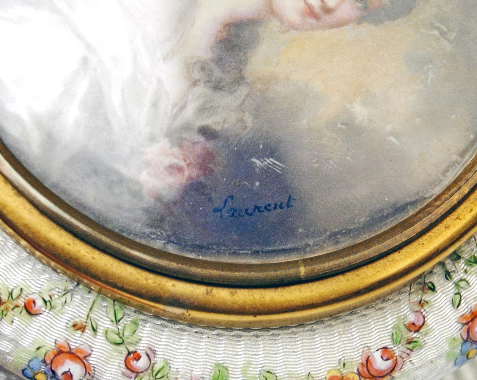 Enamel Box Gilt Inside Painted Flowers Garlands Lady's Portrait, France photo vintage