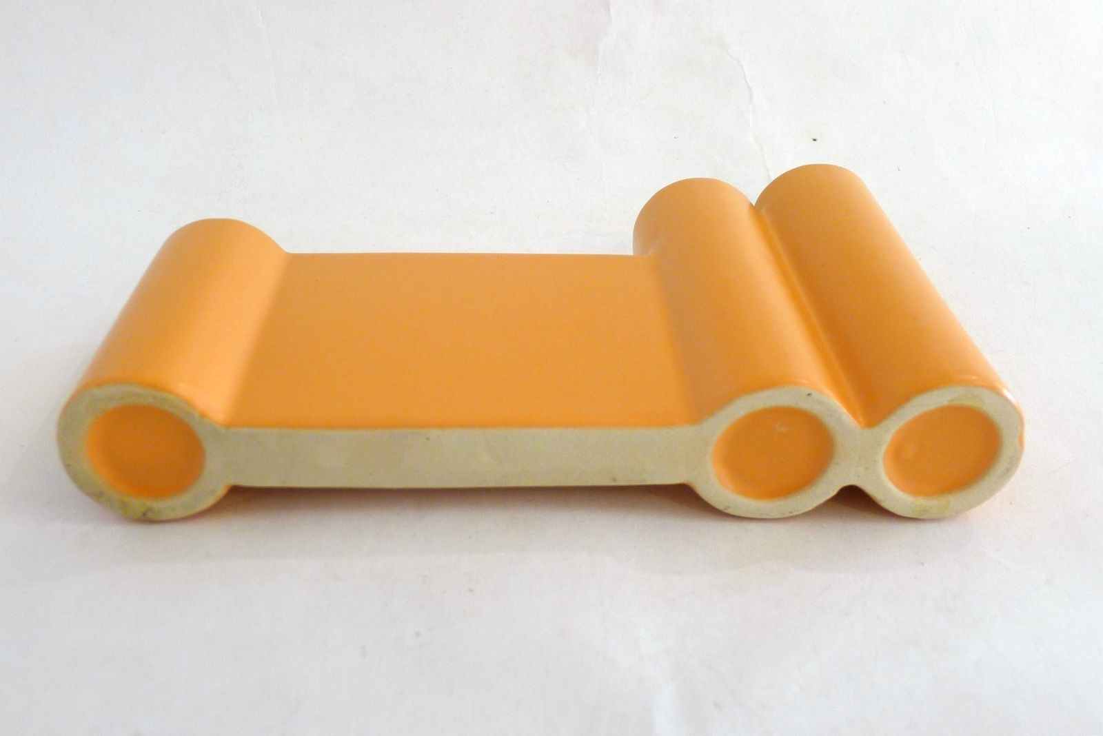 Postmodern Sculptural Triple Elongated Vase In Matt Orange Earthenware, 1980s photo vintage