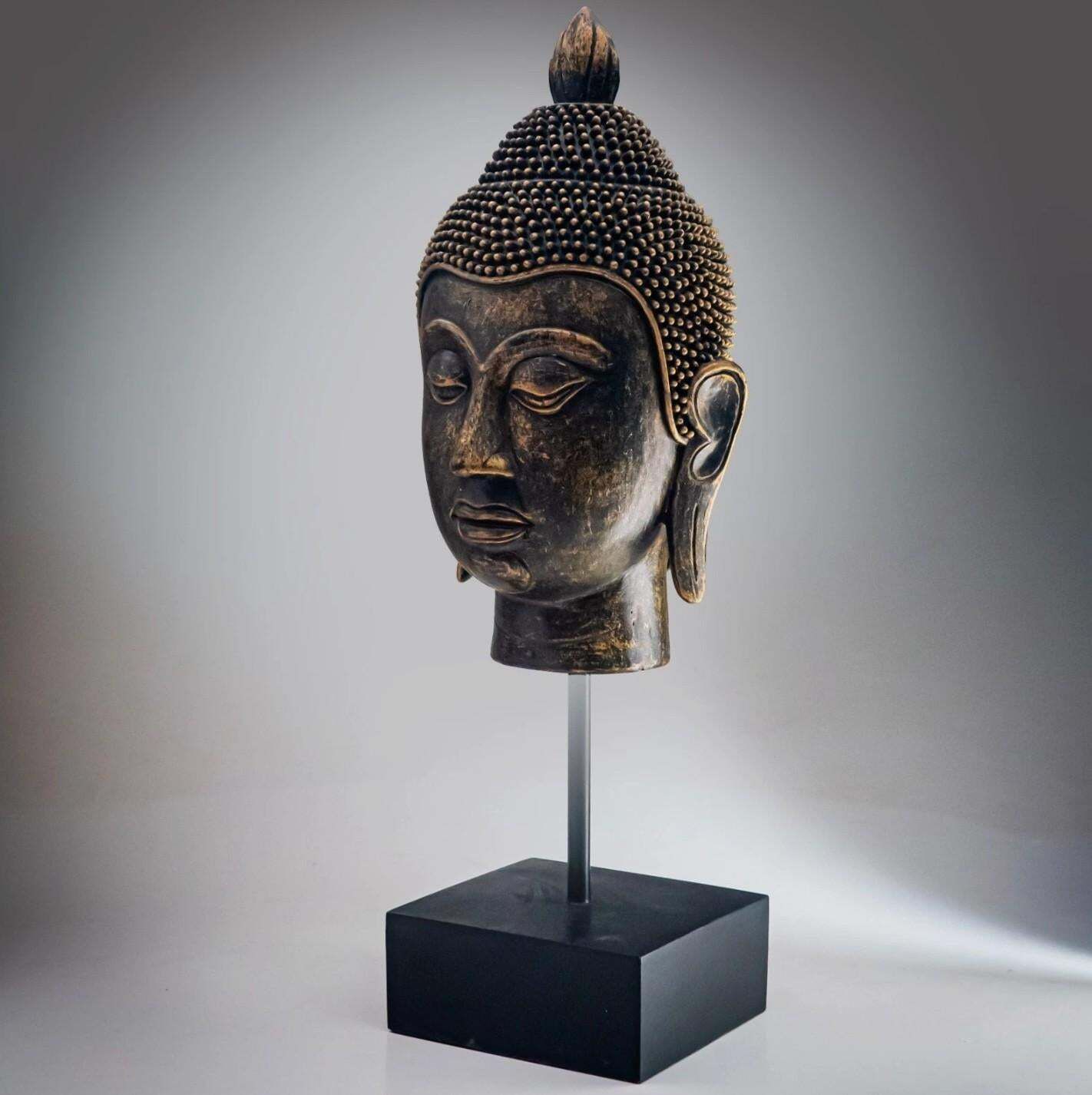 Art Decorative Buddha Head Stand Antique Resin Buddha Head On Stand 1960 photo