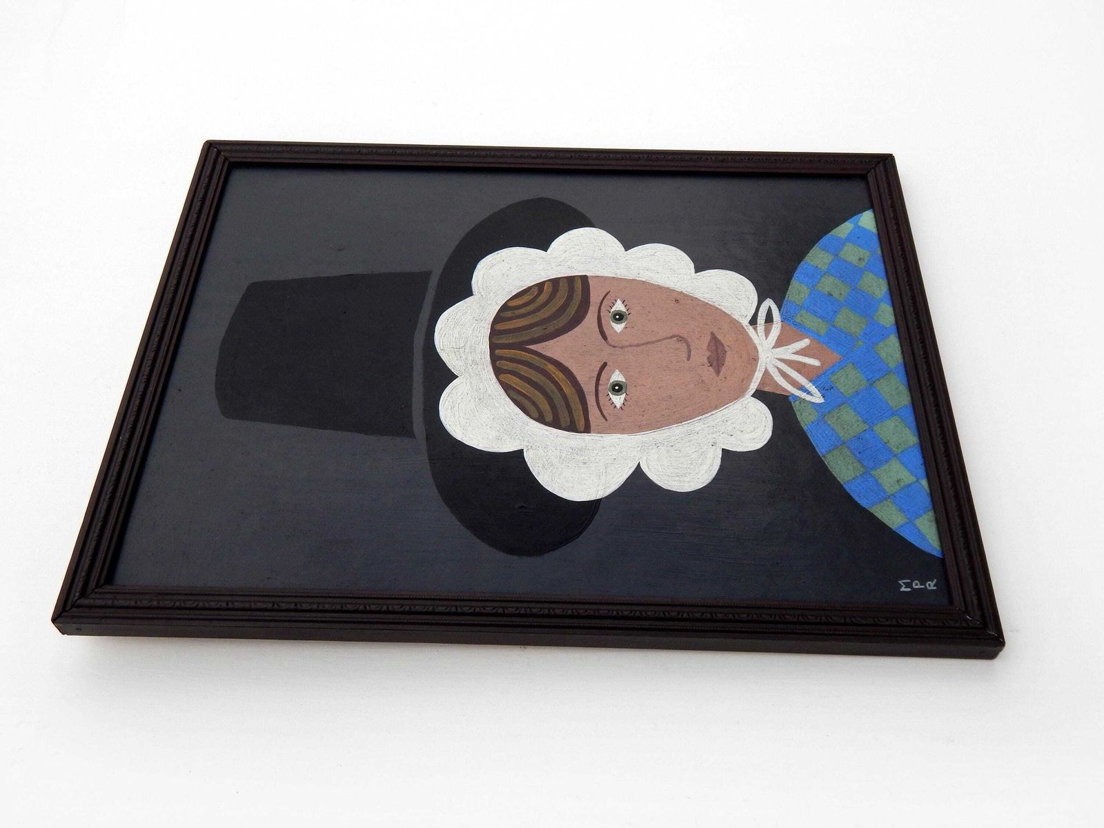 Original Naive Welsh Lady Painting : Folk Art Portrait In Antique Style Frame photo vintage
