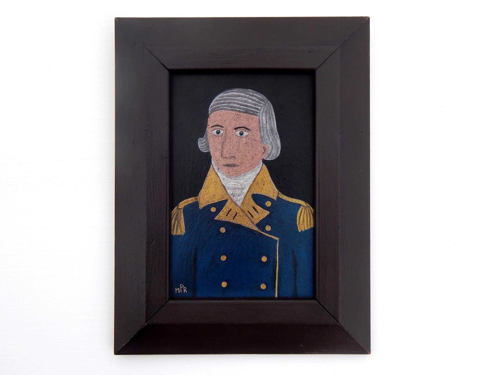 Victorian Admiral Portrait Painting: Original Folk Art In Vintage Wooden Frame