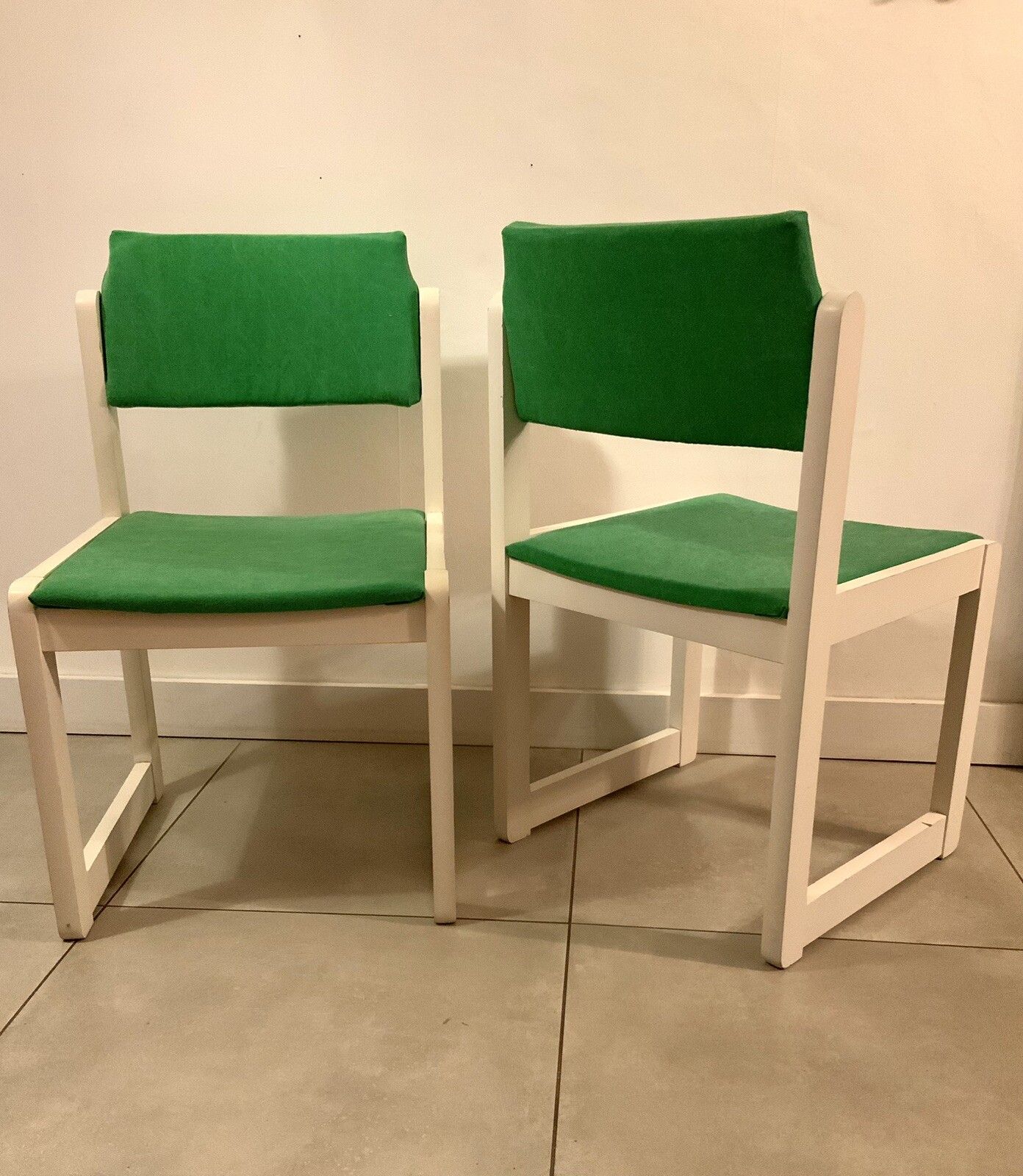 A Pair Of White Mid Century German Dining Chairs With Green Reupholstery photo Furniture