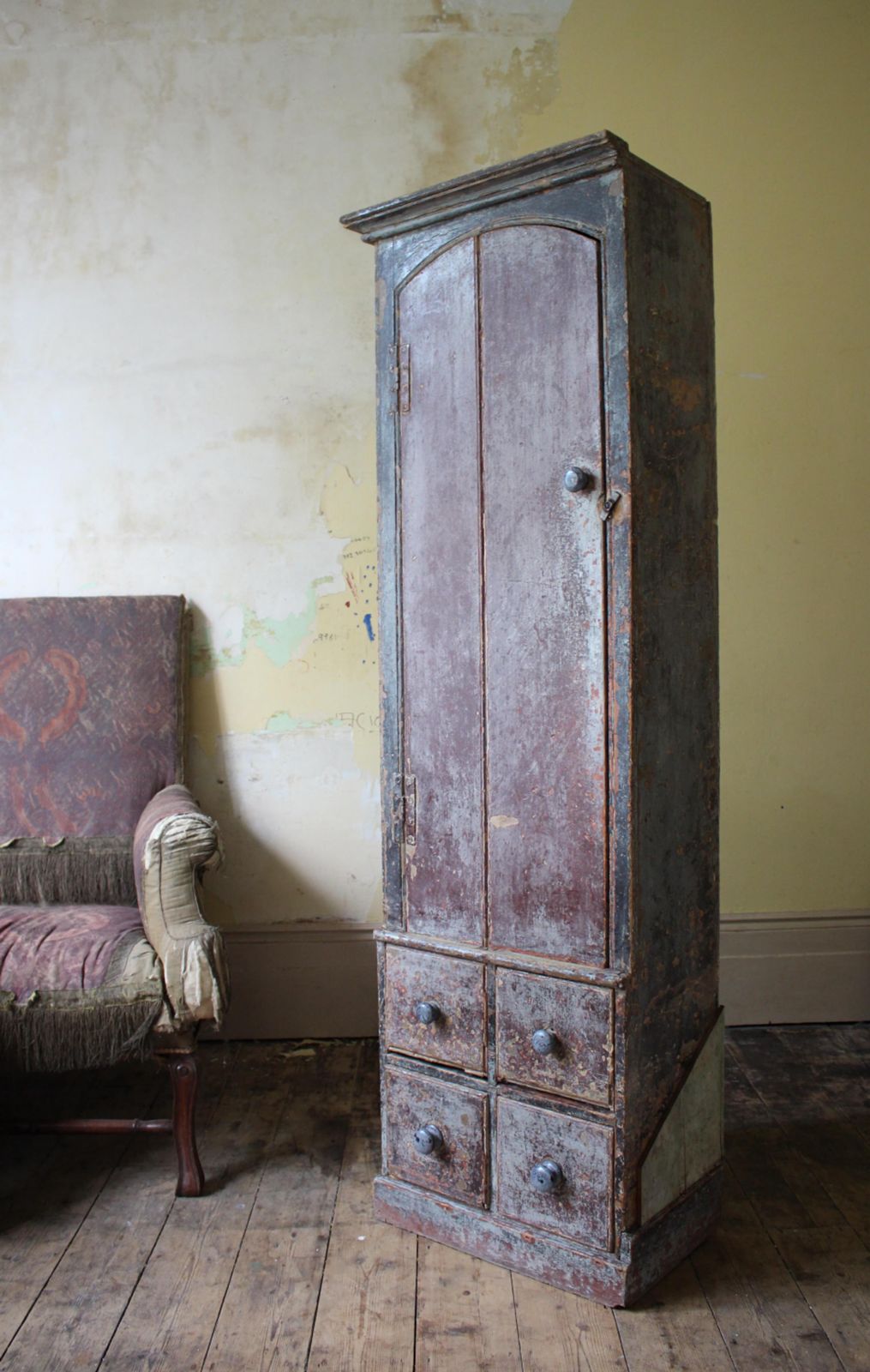 Early 19th C Original Painted English Country House Georgian Narrow Cupboard photo vinterior