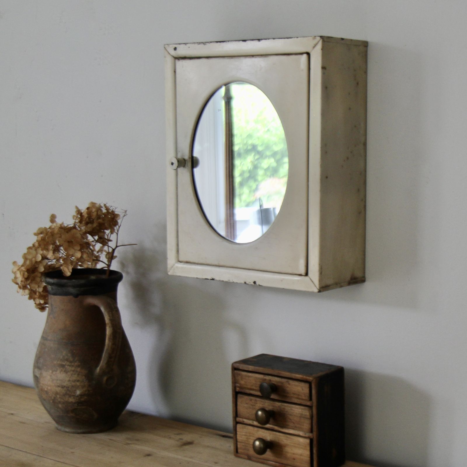 Antique French Metal Oval Mirrored Cabinet photo for sale