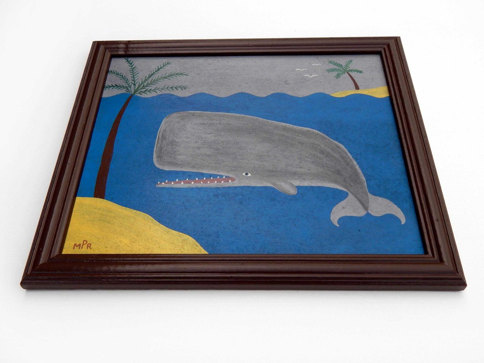 Naive Nautical Painting Of A Sperm Whale Folk Art In Hand Painted Frame photo furniture