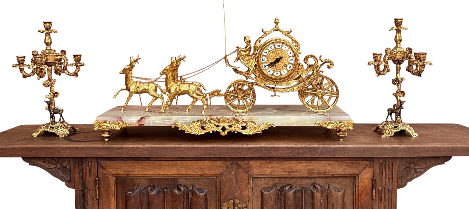 Early 20th Century Set Of Carriage Clock With Deer And Candlesticks In Gilt Bronze On A Marble Base photo Home Decor