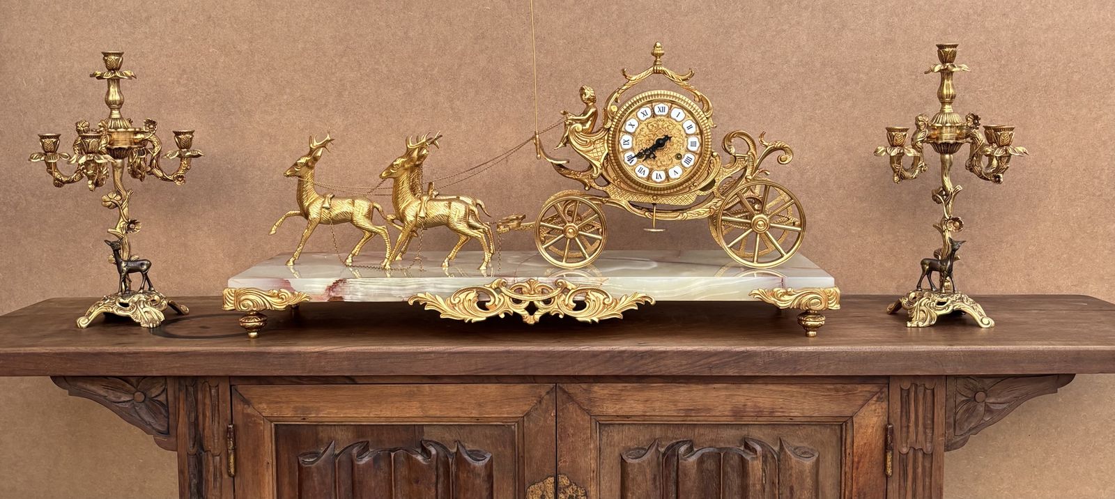 Early 20th Century Set Of Carriage Clock With Deer And Candlesticks In Gilt Bronze On A Marble Base photo vintage
